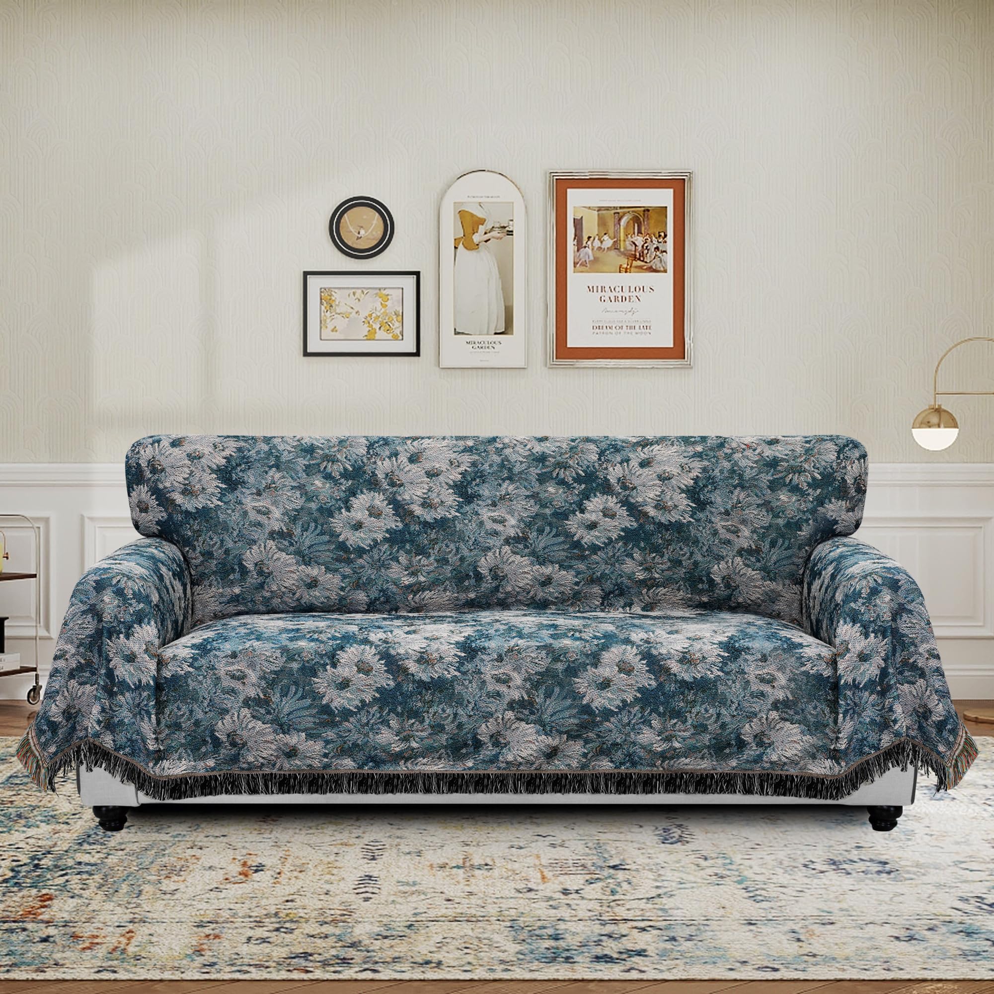Purefit Geometric Jacquard Throw Sofa Cover - Textured Soft Washable Decorative Couch Covers For 3 Cushion Couch, Throw Cover With Tassels Furniture Protector For Pets (Large, Flower Peacock Blue)