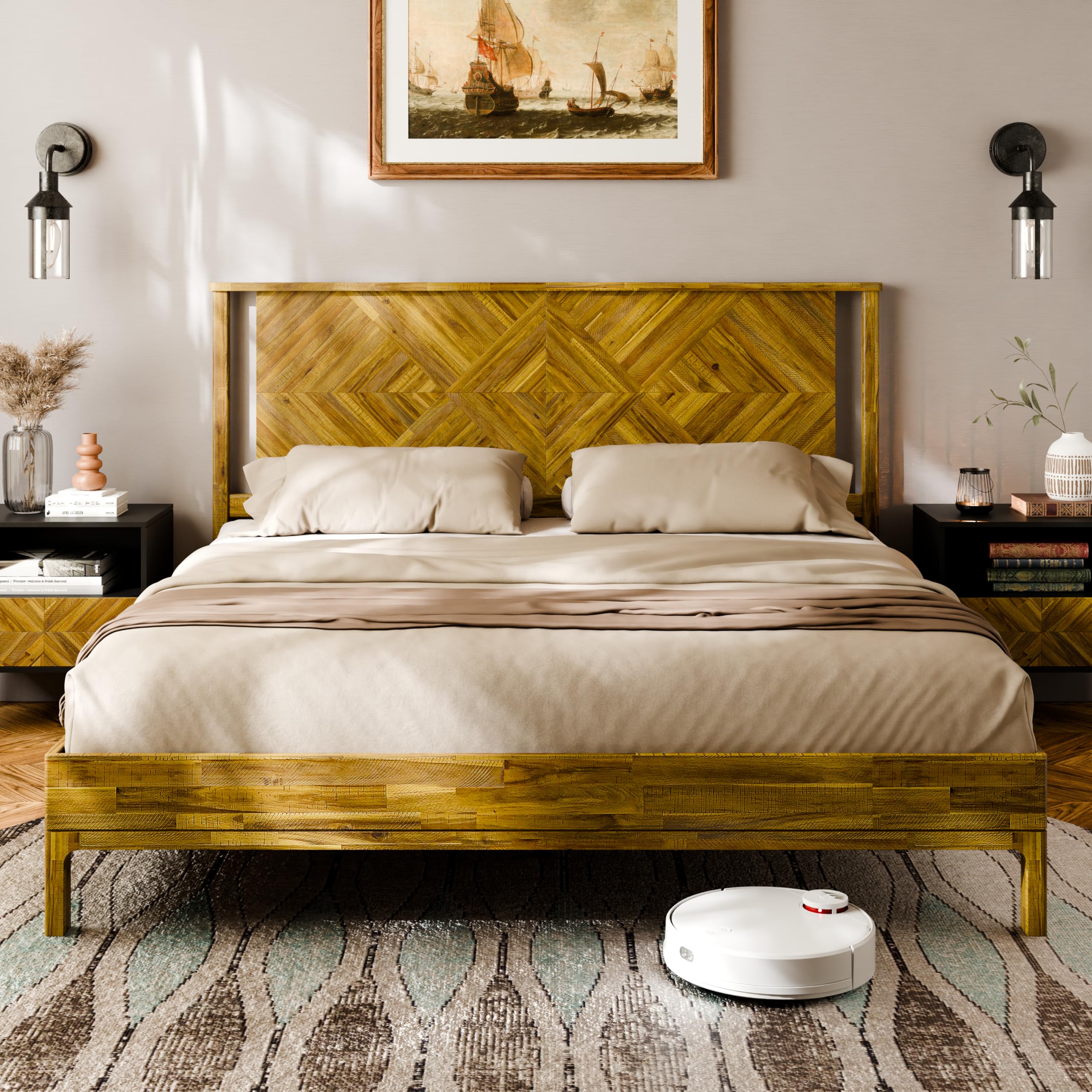 Bme Ethan Solid Wood King Bed Frame with Diamond Headboard - Rustic & Mid-century Modern - Acacia Wood Platform Bed - Compatible