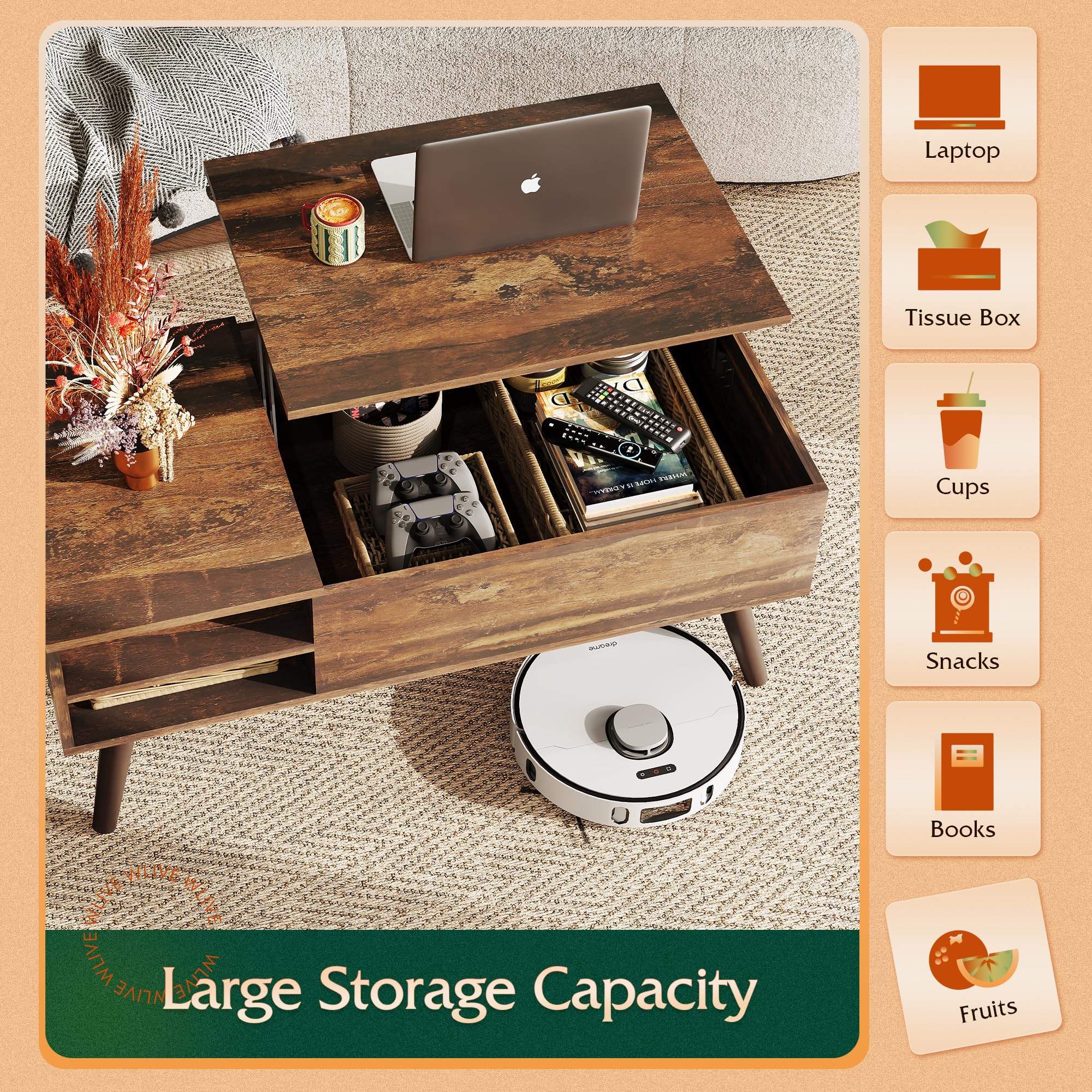 WLIVE Coffee Table with Lifting Top, Hidden Storage, Adjustable Shelf, Rustic Oak, 39.4" W
