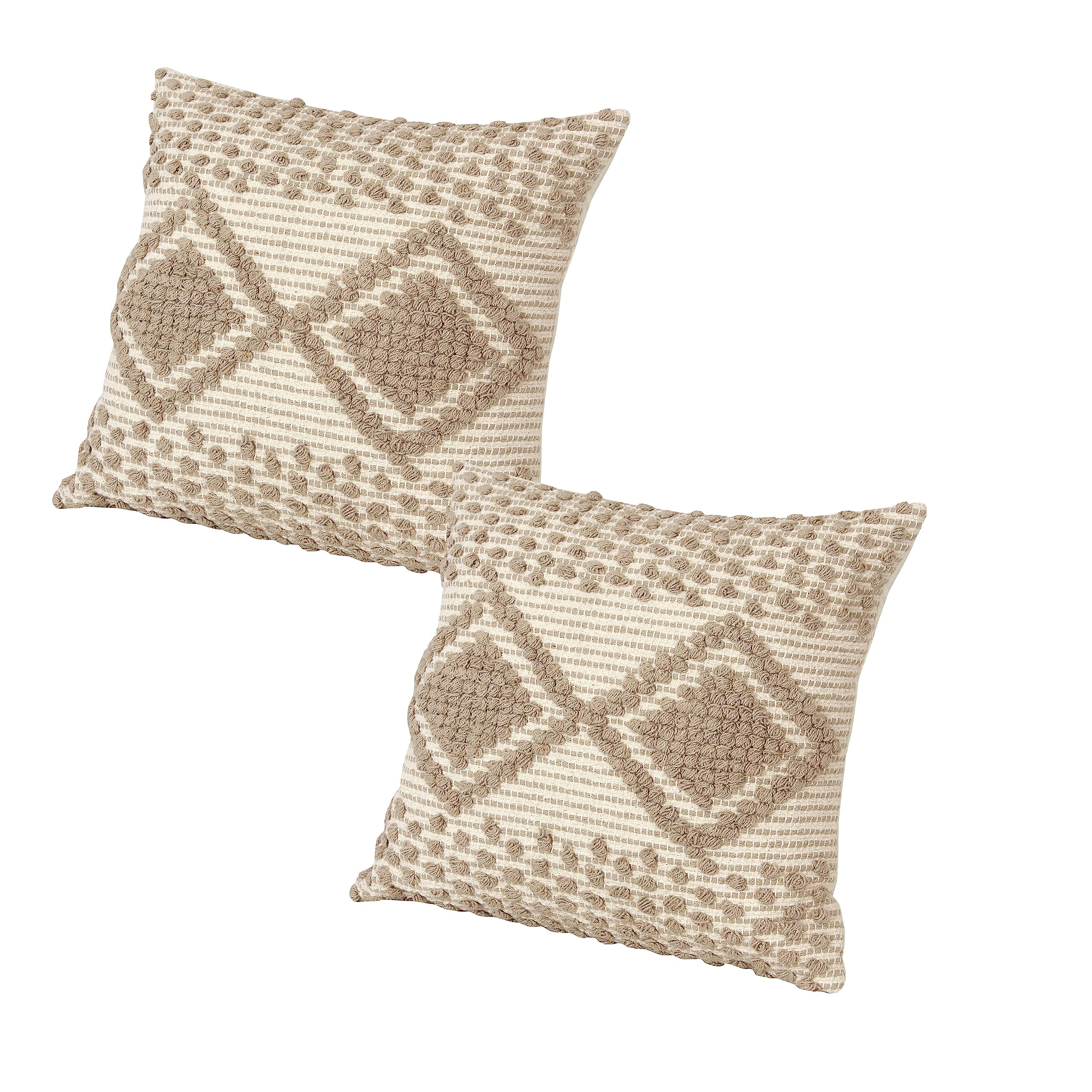 The Urban Port 18 x 18 Square Cotton Decorative Accent Throw Pillow, Raised Diamond Embroidery, Set of 2, Beige, 2 Count