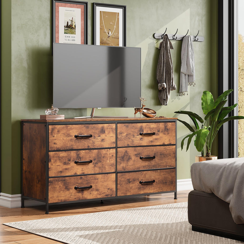 WLIVE 6 Drawer Dresser Rustic Brown Fabric Storage Cabinet for Bedroom Living Room TV Stand 51.2"W