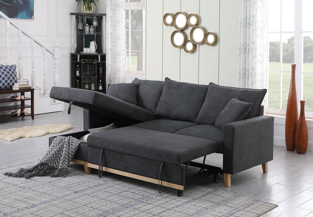 Lilola Home Colton 84.25inch W Dark Gray Woven Fabric Reversible Sleeper Sectional Sofa With Pullout Bed And Storage Chaise  Mode