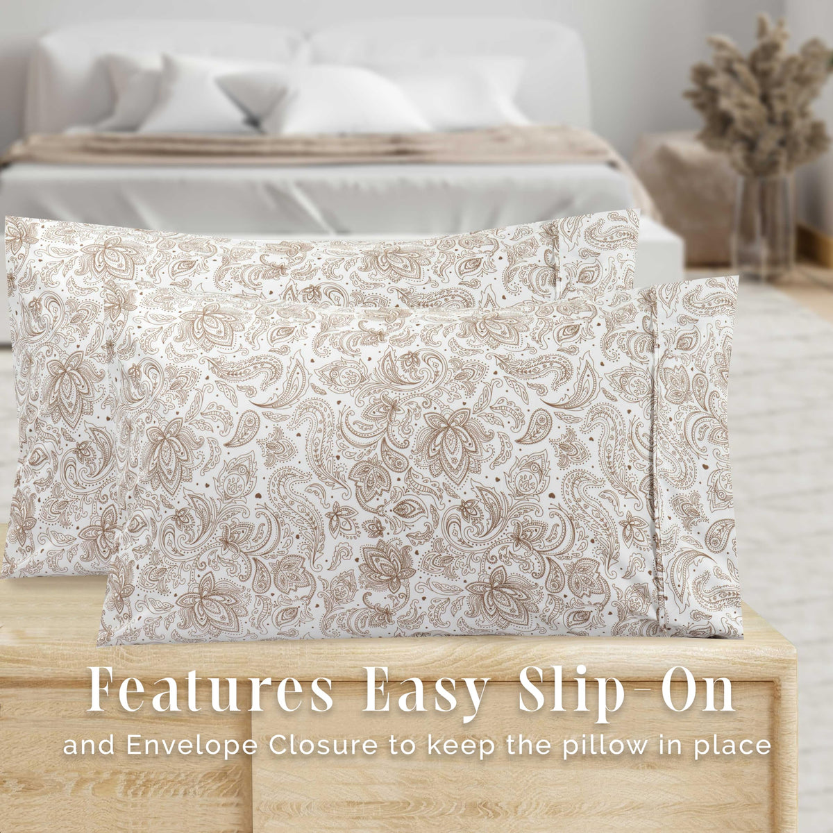 Elegant Comfort Ultra Soft Set Of 2 Floral Print Pillowcases - 1500 Premium Hotel Quality Microfiber, Soft And Smooth Envelope Closure 2-Piece Pillow Covers - Standard/Queen, Paisley Taupe