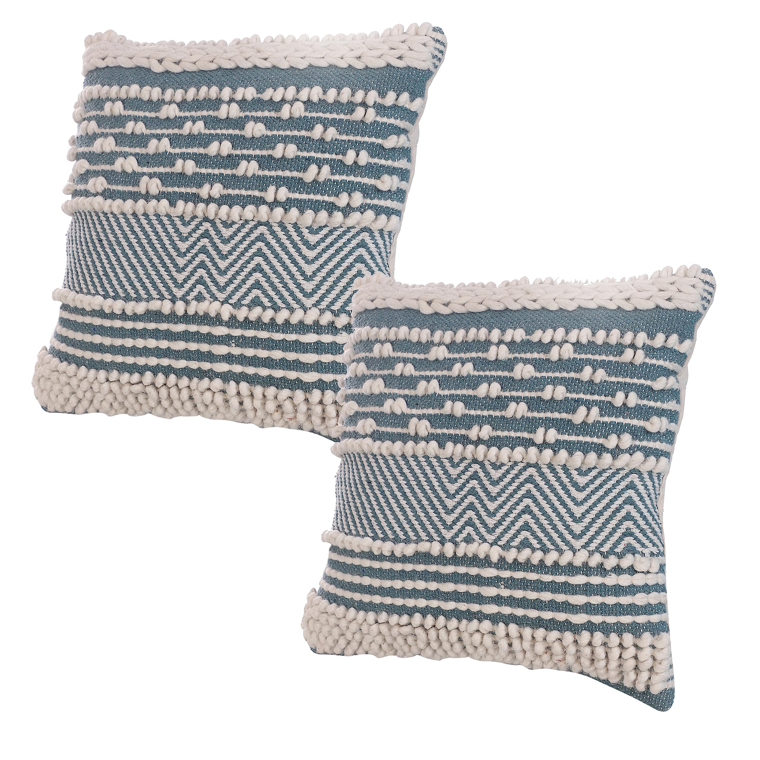 18 x 18 Handcrafted Cotton Accent Throw Pillows, Wavy Woven Pattern, Set of 2, Blue, White