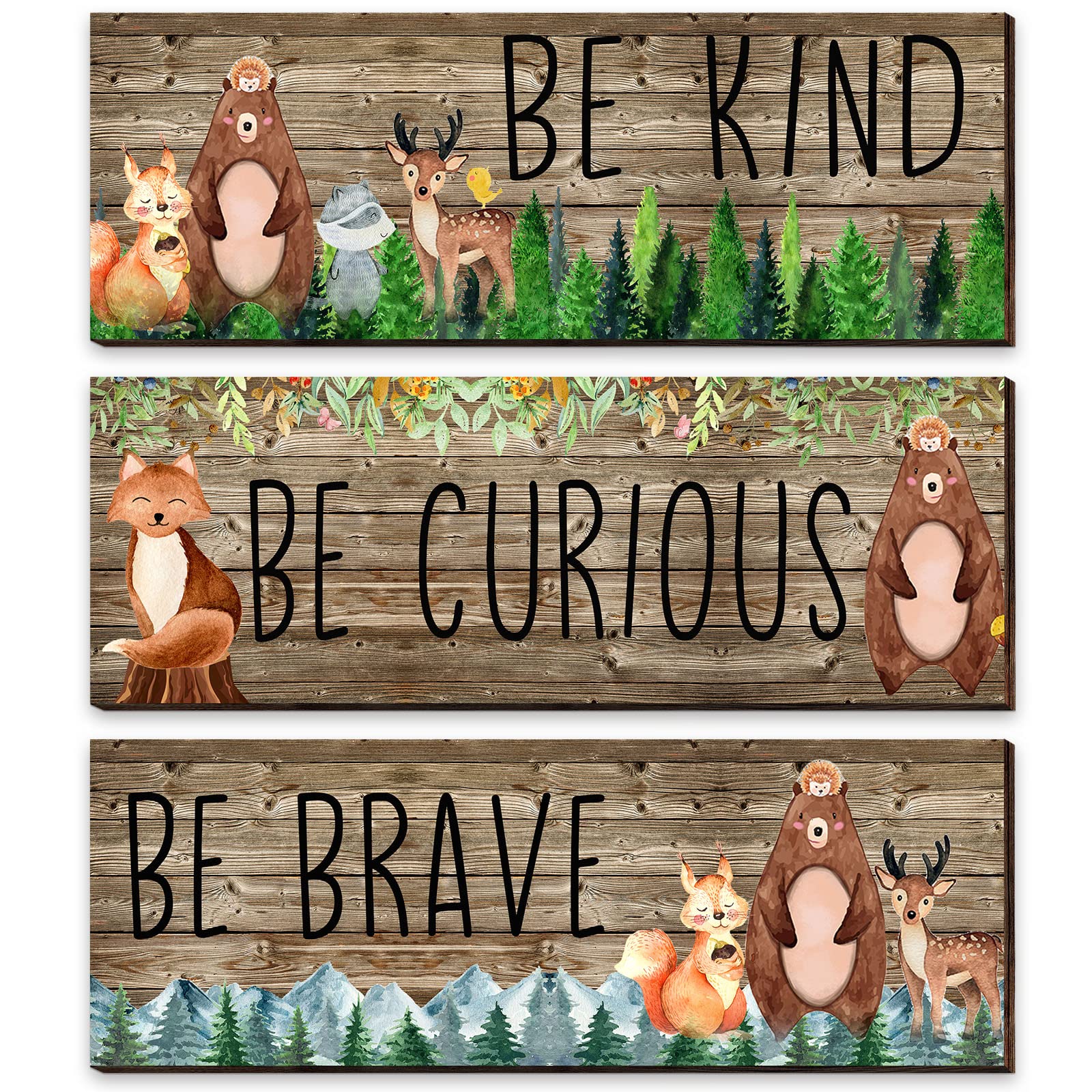 3 Pcs Woodland Nursery Decor Safari Nursery Woodland Animals Themed Painting Wooden Be Kind Brave Curious Sign Framed Wall Art F