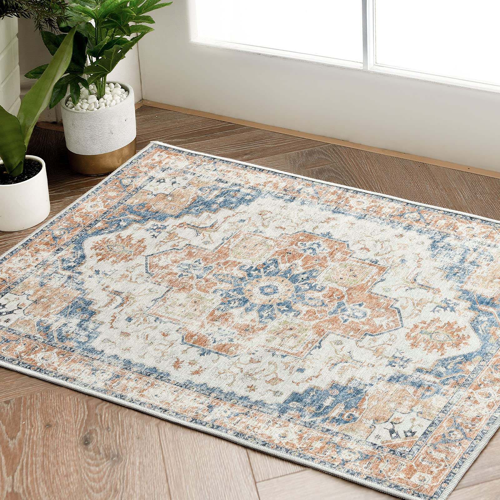 jinchan Area Rug 2x3 Washable Rug Indoor Entryway Vintage Rug Orange Print Rug Retro Distressed Carpet Rug Chenille Mat Foldable