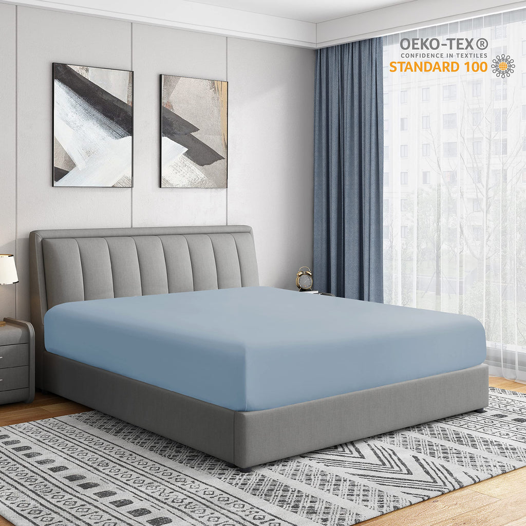 Cathay Home Queen Fitted Sheet - Double Brushed Ultra Soft – Wrinkle & Fade Resistant - 14' Standard Pocket Fitted Sheet Only - Good Fit For 12'-16' Deep Mattress (Queen, Blue Fog)