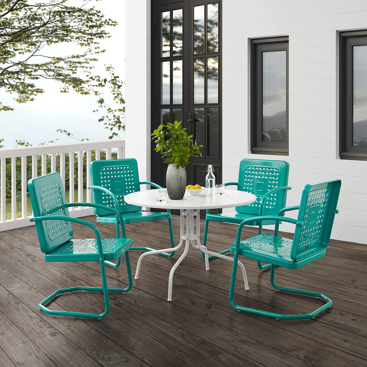 Crosley Furniture Bates 5-Piece Outdoor Dining Set for 4, Retro Metal Round Patio Table and Chairs for Deck, Turquoise Gloss