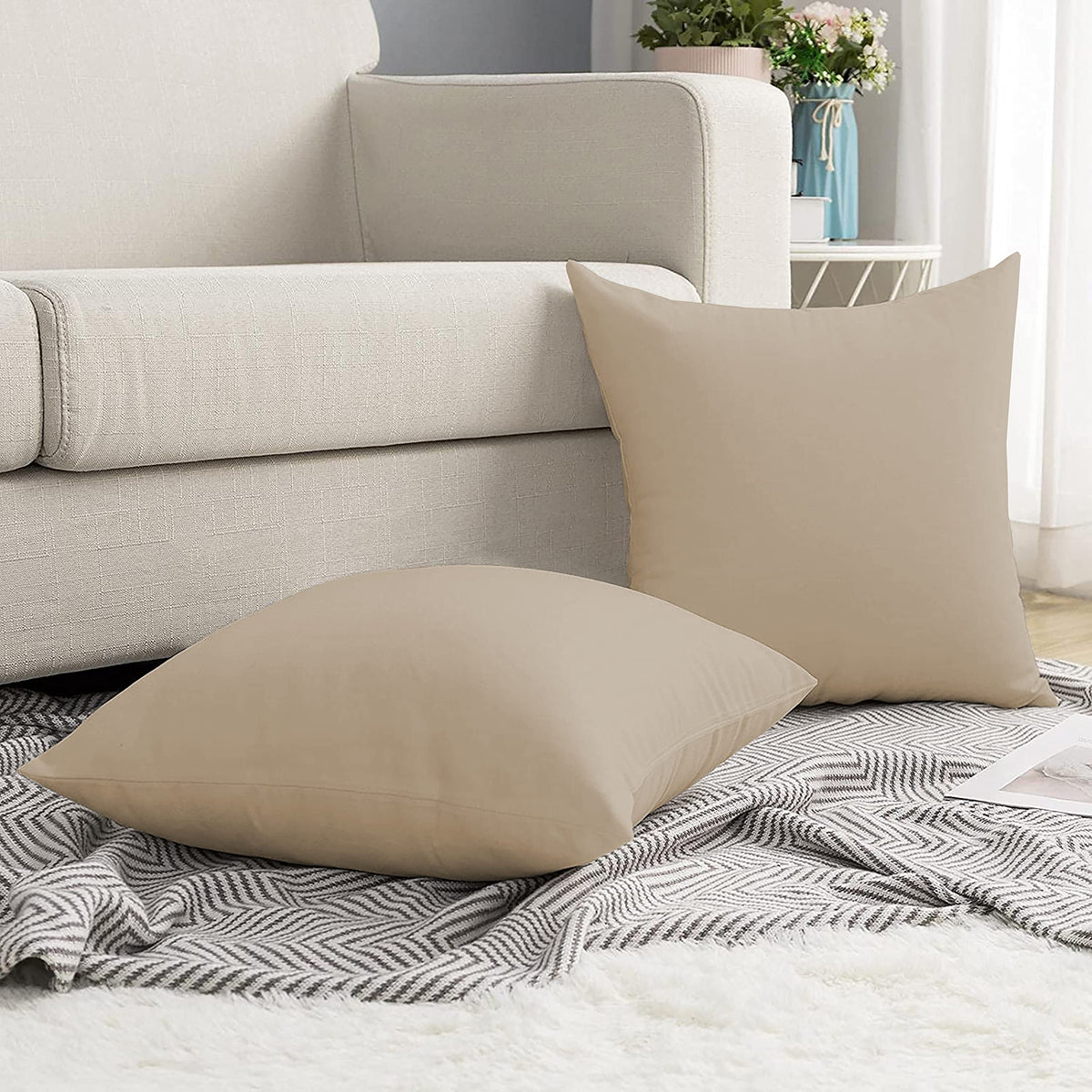 Day Care 400Tc Imperious Design Decorative Throw Cushion Cover 100% Egyptian Cotton Size (14X14) Beige Set Of 2