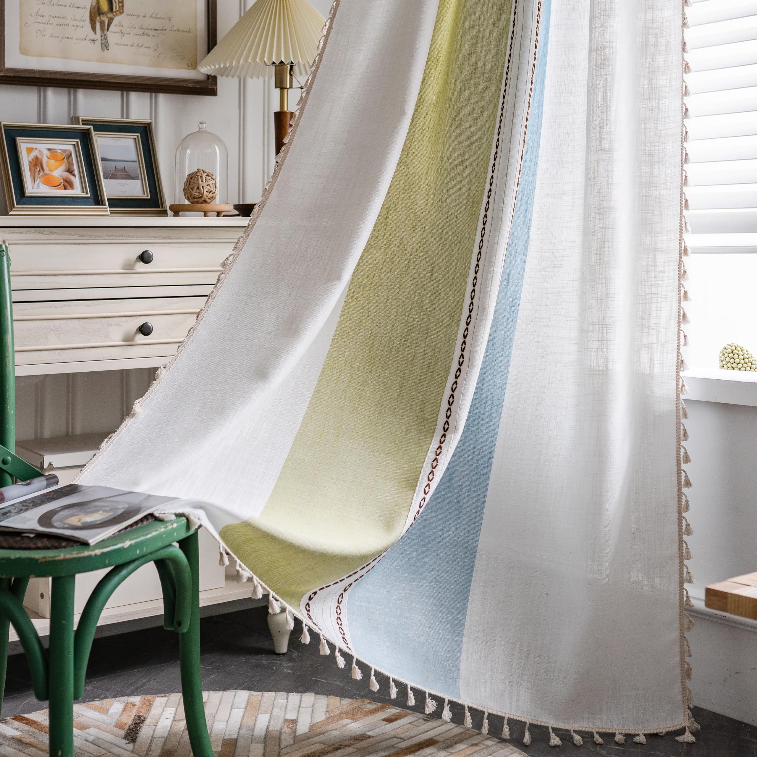 Sutuo Home Boho Curtains 90 inches for Bedroom Living Room,Bohemian Embroidery Drape Semi Blackout Farmhouse Window Treatment wi