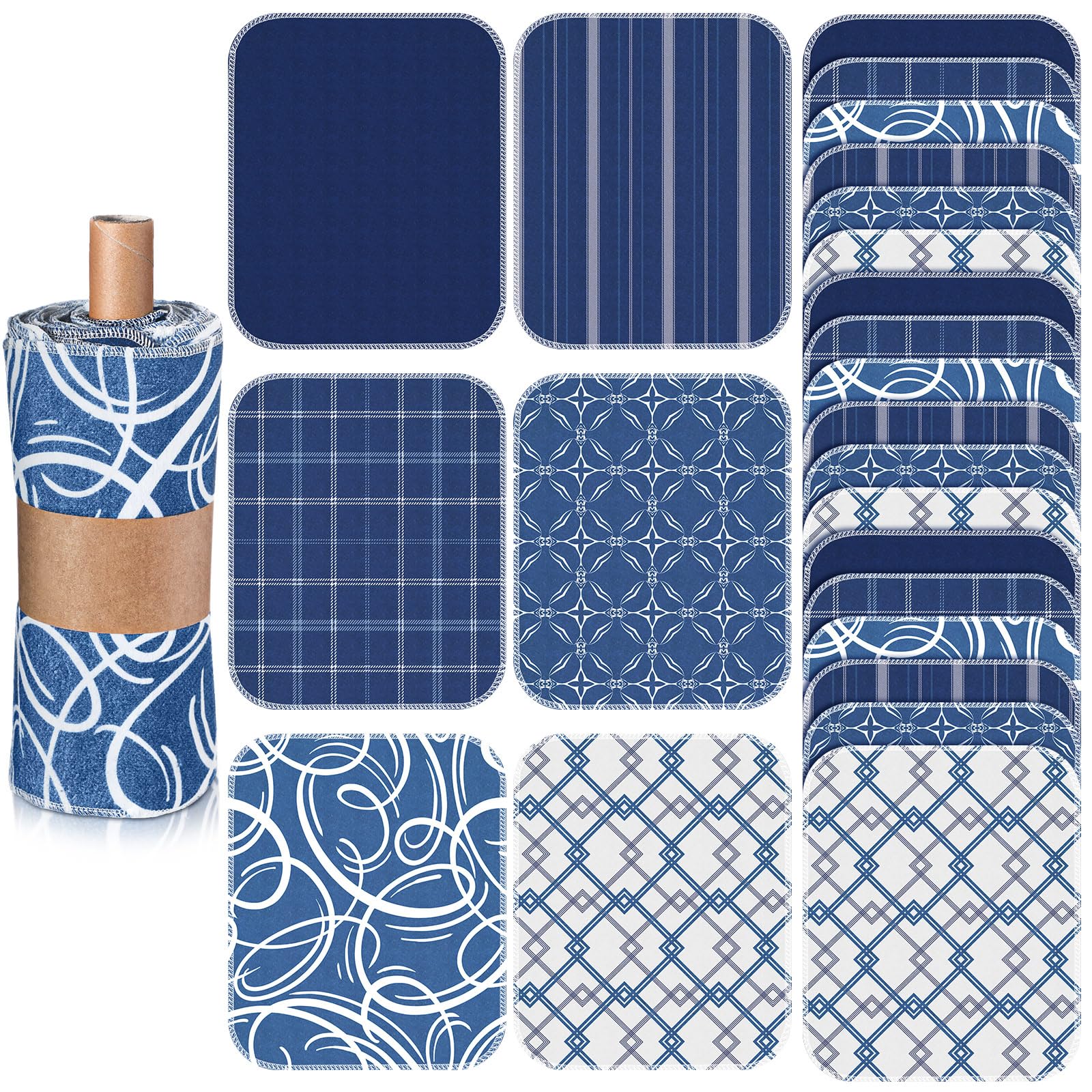 Noveread 36 Pack Geometric Vintage Reusable Cleaning Cloths Washable Cotton Kitchen Towels for Home (Blue)