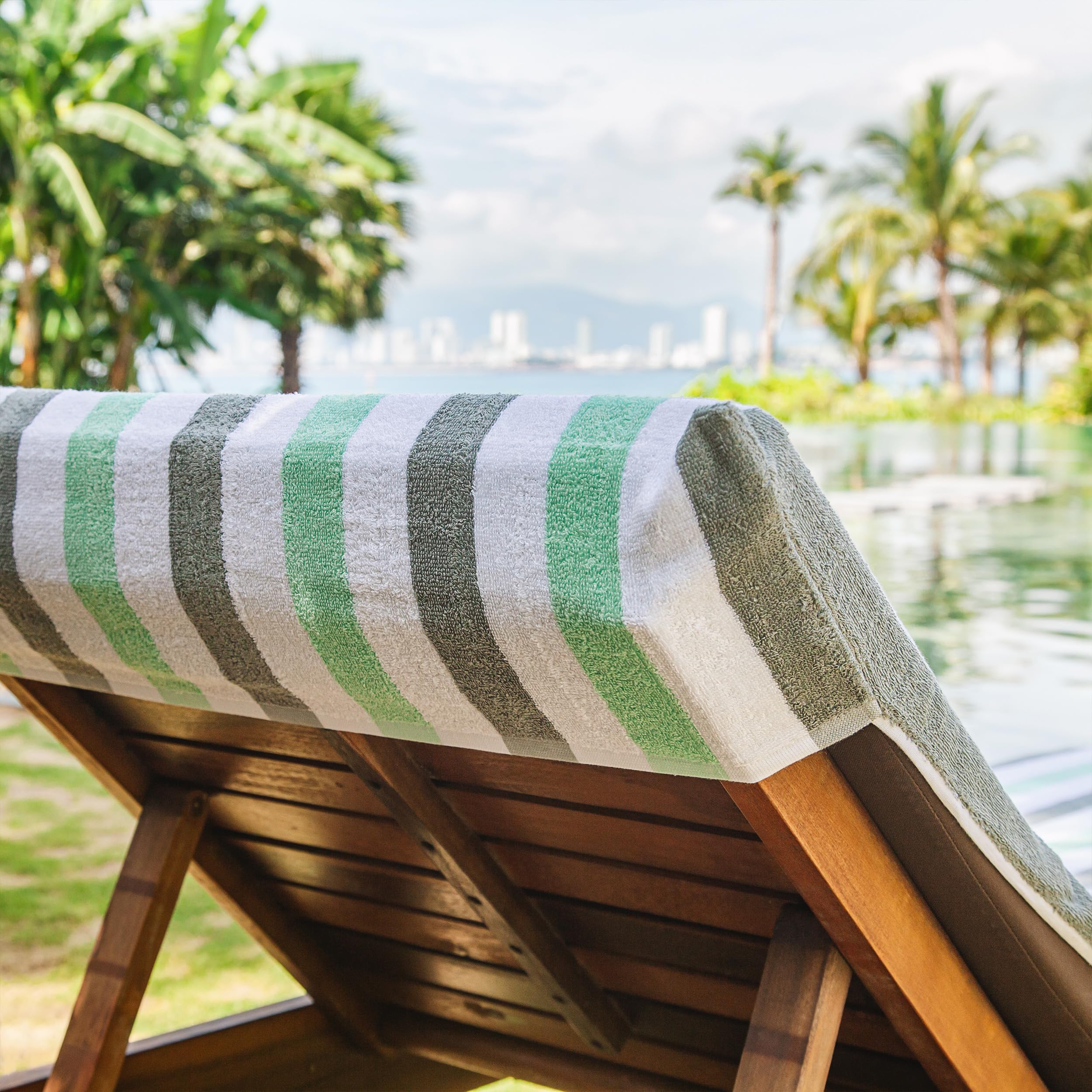 Arkwright Cabo Chaise Lounge Cover - Pack Of 2 - Striped Soft Cotton Cabana Towel With Pocket Holder For Beach Pool Outdoor Chair, 30 X 85 In., Grey/Mint