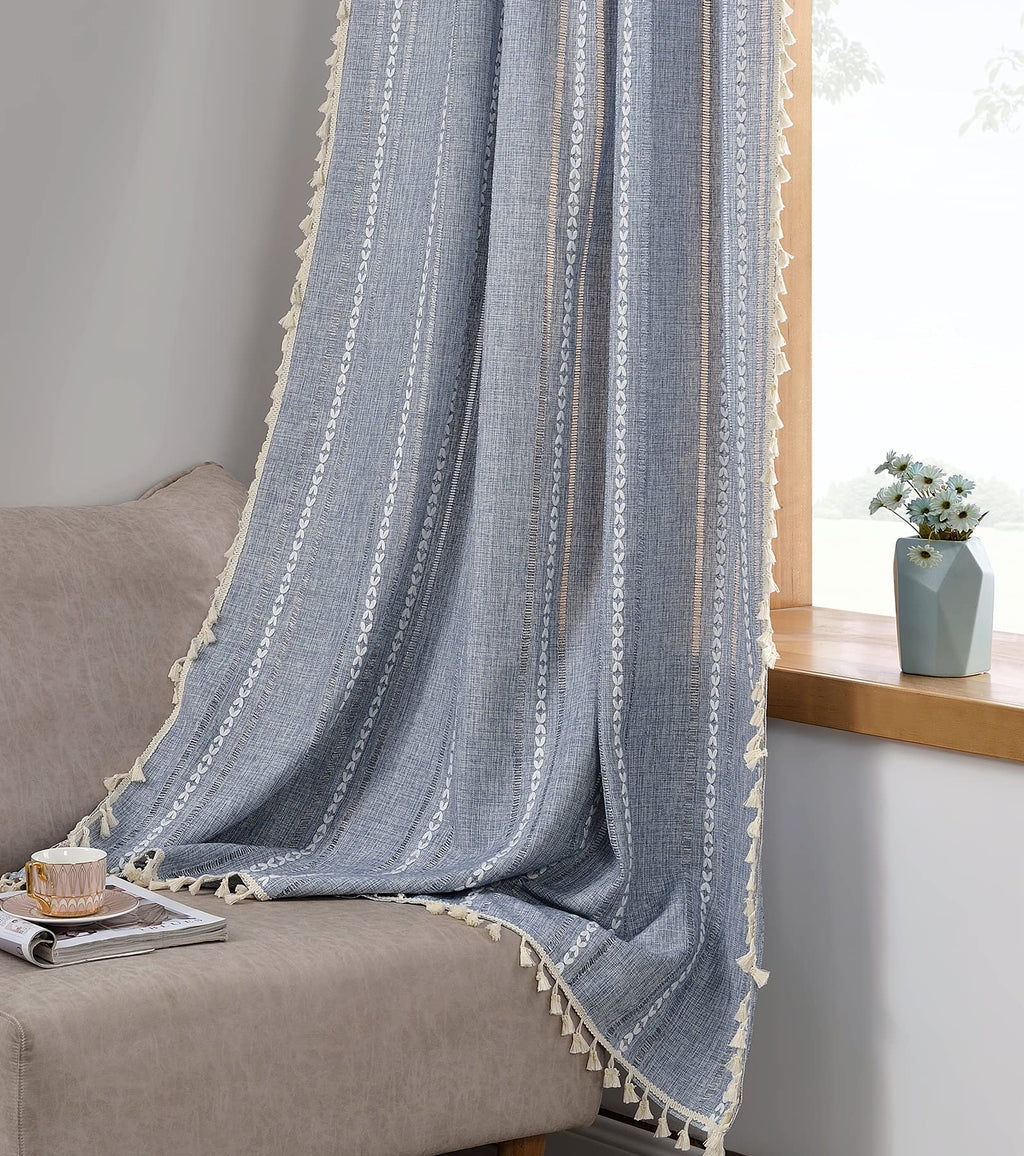 Roomtalks Blue Boho Modern Farmhouse Curtains For Bedroom Living Room 96 Inch Length 2 Panels Cottage Country Linen Window Curta
