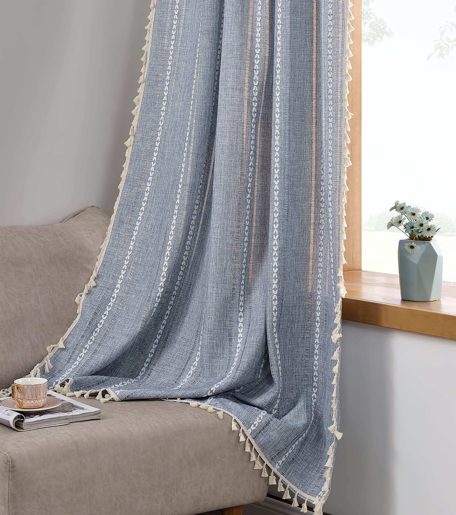 Roomtalks Blue Boho Modern Farmhouse Curtains For Bedroom Living Room 96 Inch Length 2 Panels Cottage Country Linen Window Curta