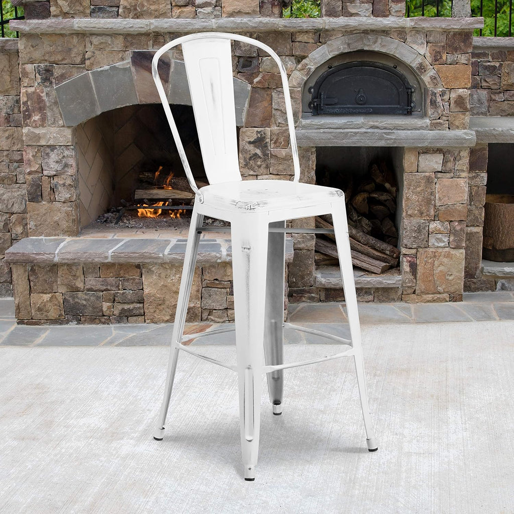 Commercial Grade 30 High Distressed White Metal Indoor-Outdoor Barstool with Back