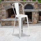 Commercial Grade 30 High Distressed White Metal Indoor-Outdoor Barstool with Back