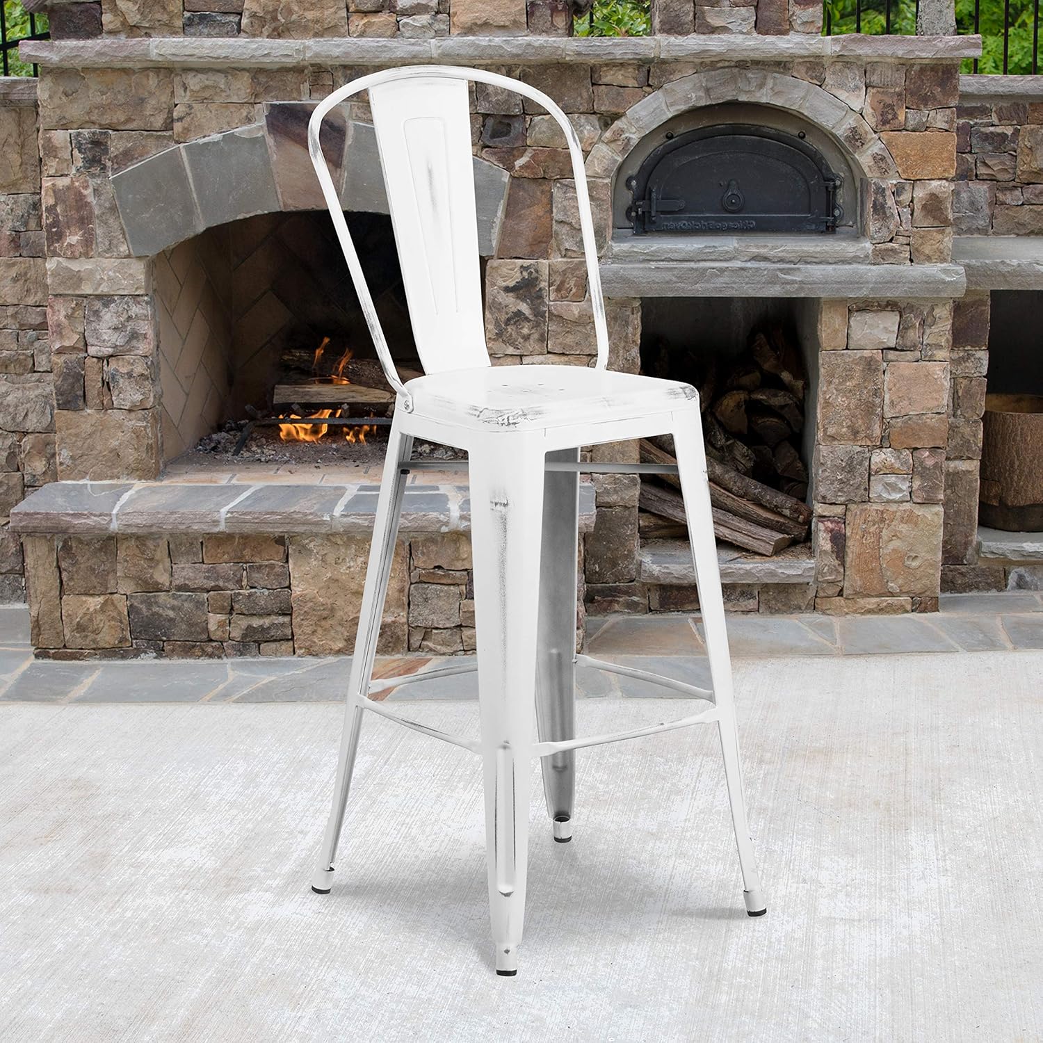 Commercial Grade 30 High Distressed White Metal Indoor-Outdoor Barstool with Back