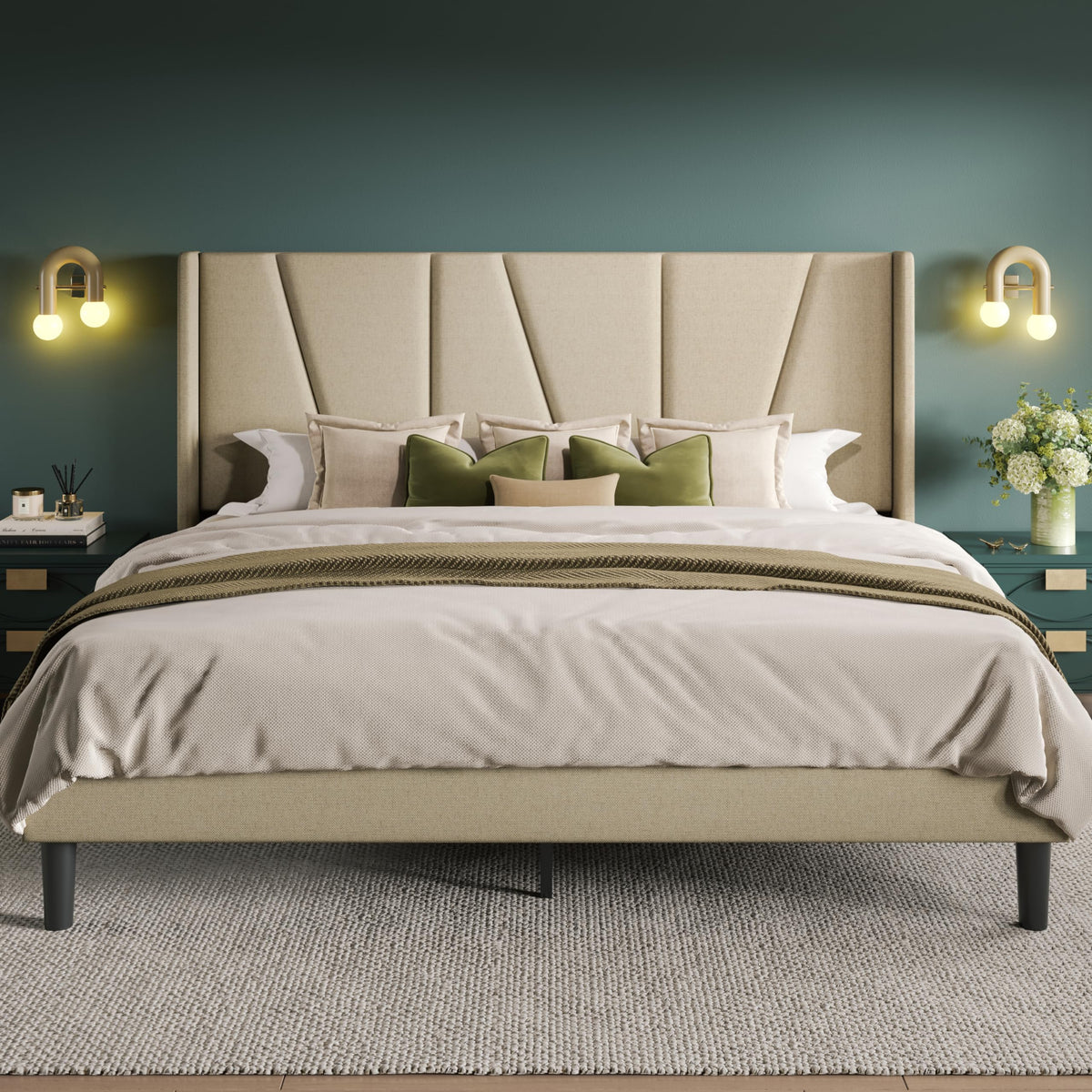 Allewie Queen Size Platform Bed Frame with Geometric Wingback Headboard, Modern Upholstered Bed with Wooden Slats Support, No Bo