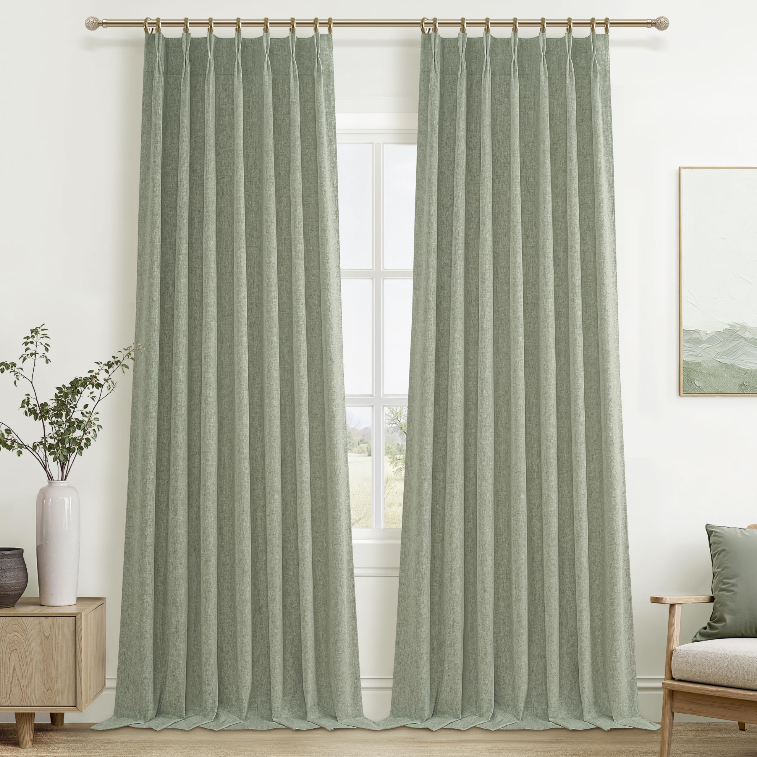 Sage Green Blackout Linen Curtains 96 Inches Long for Living Room Bedroom, Pinch Pleated Boho Light Drapes Viral Window Curtain 