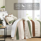 Djy Striped Quilt Set King Size, Boho Brown Green Striped Bedspread Coverlet Set Soft Microfiber Patchwork Quilt Bedding Set 3 P