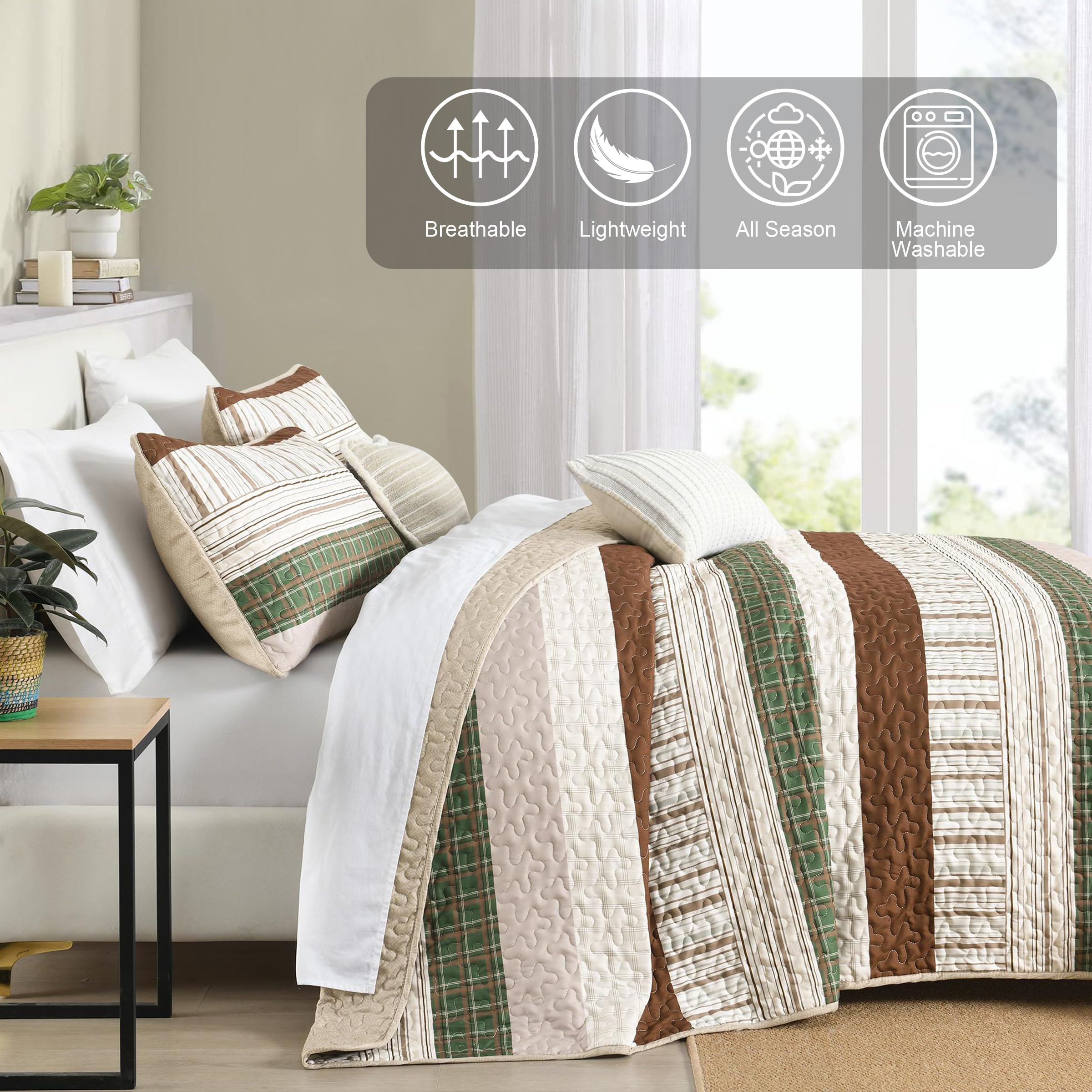Djy Striped Quilt Set King Size, Boho Brown Green Striped Bedspread Coverlet Set Soft Microfiber Patchwork Quilt Bedding Set 3 P
