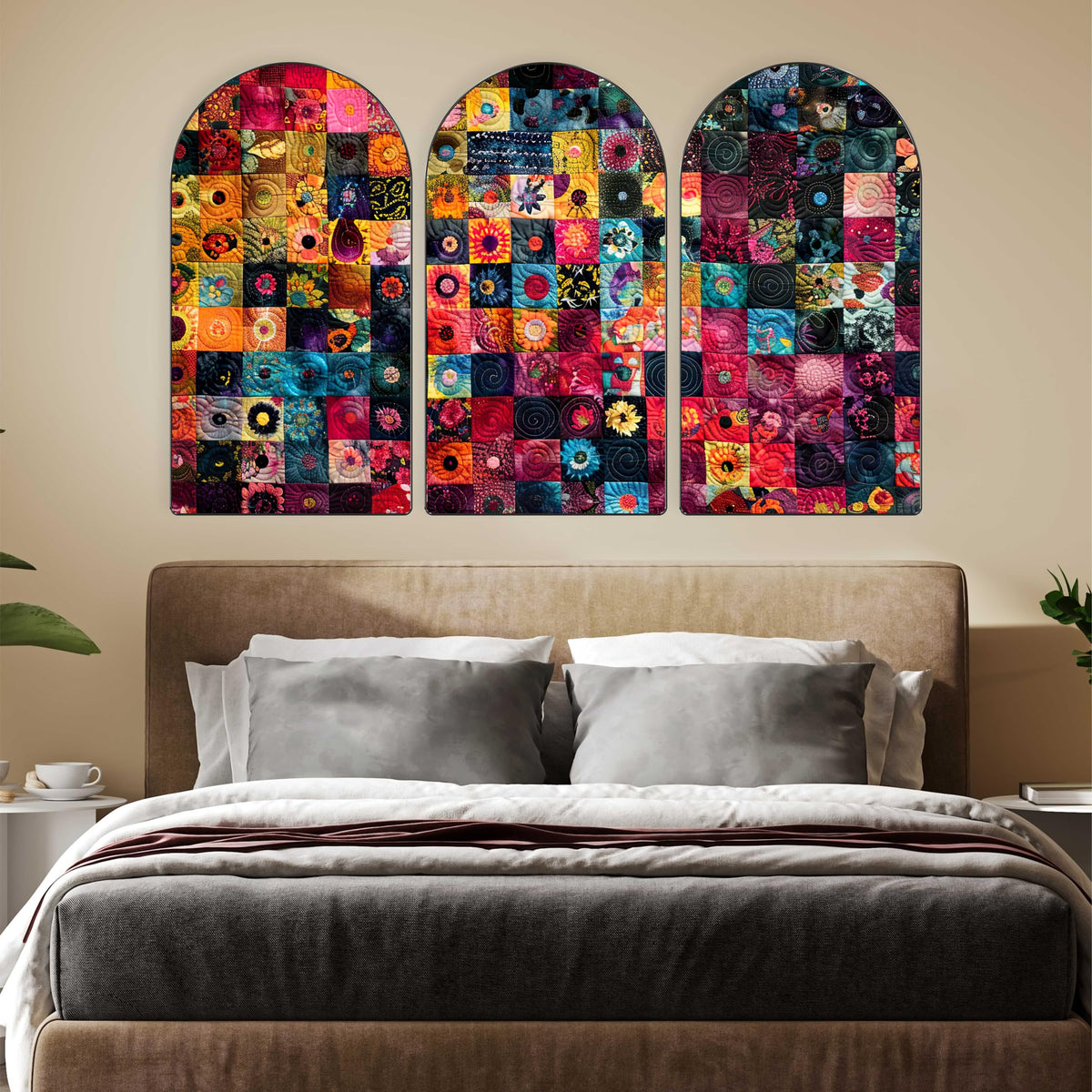 LivinLuxe Abstract Patchwork Art Print | Set Of 3 Mdf Panel Art Print | Colorful Floral Mosaic Theme Decorative Wall Hanging Fo