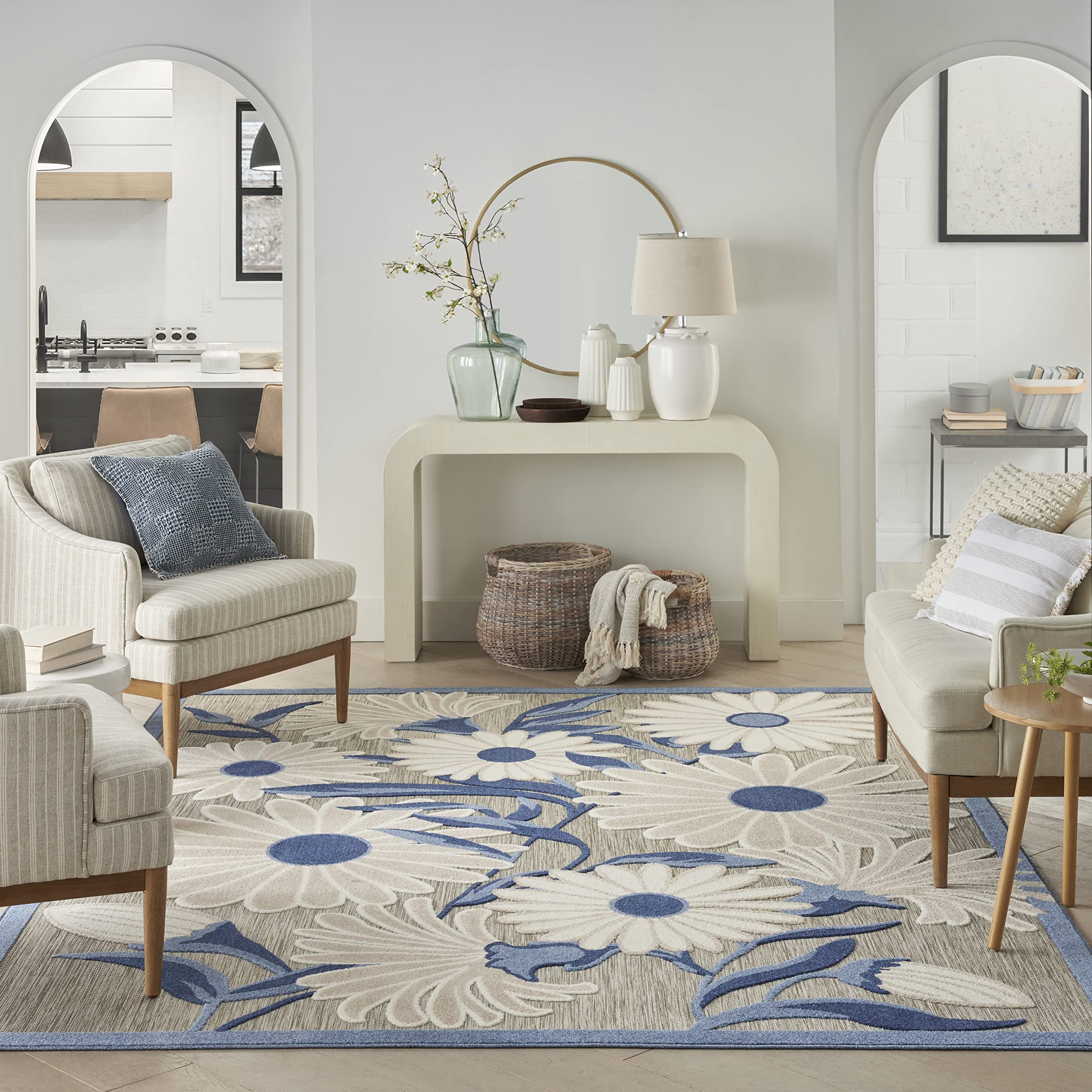 Nourison Aloha Indoor/Outdoor Blue/Grey 7' X 10' Area Rug, Easy Cleaning, Non Shedding, Bed Room, Living Room, Dining Room, Kitchen (7X10)