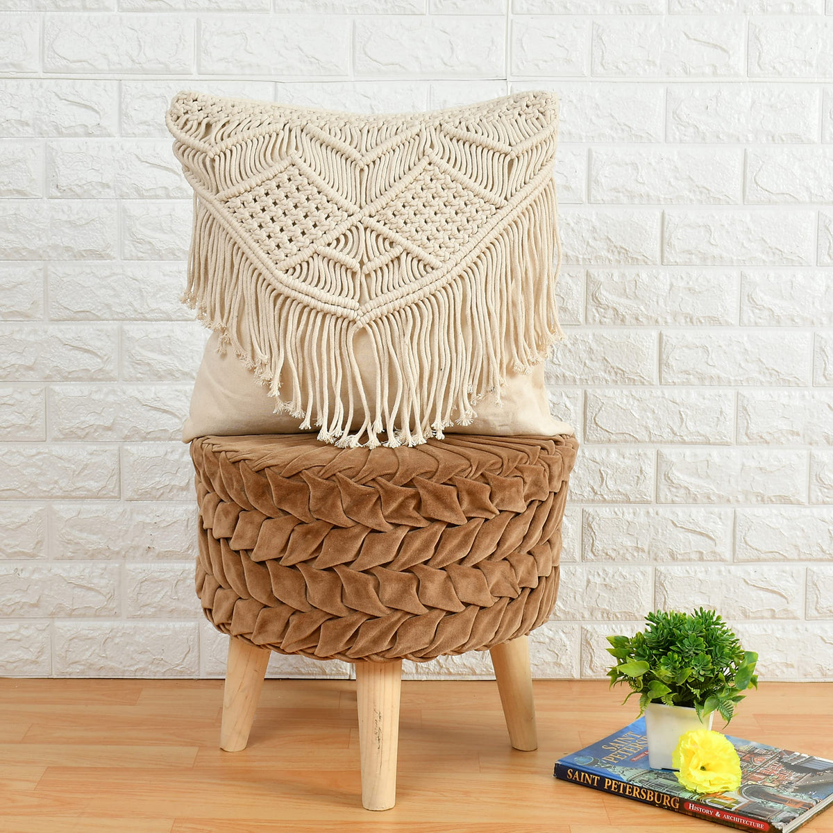 Aashiyana Sajona Handmade Cotton Macrame Cushion Pillow Cover Boho Home Decor Abstract Pattern 16 X 16 Inch In Off White Color