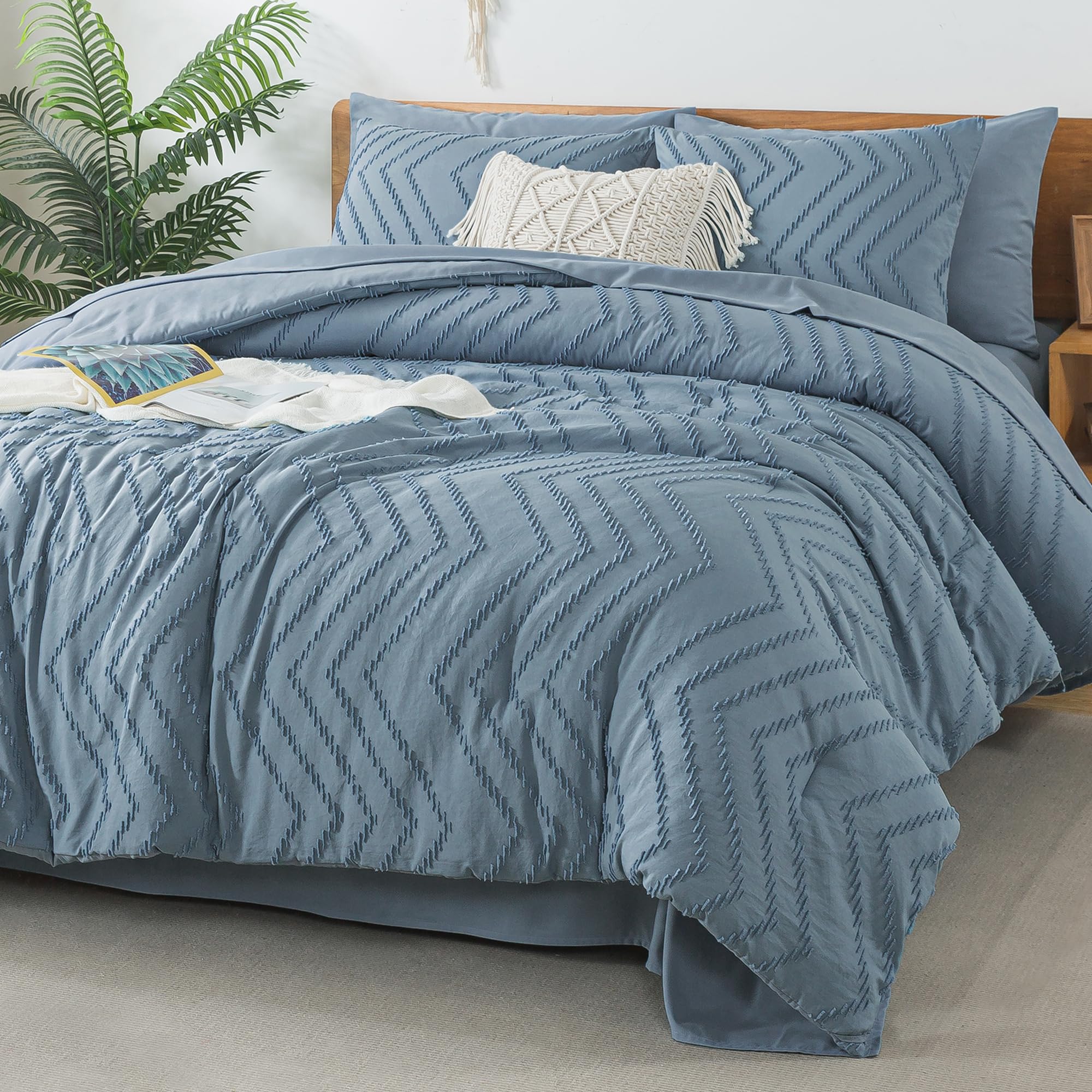 Litanika Grayish Blue Queen Size Comforter Set With Sheets - 7 Pieces Bed In A Bag Queen Boho Tufted Complete Beddding Sets With