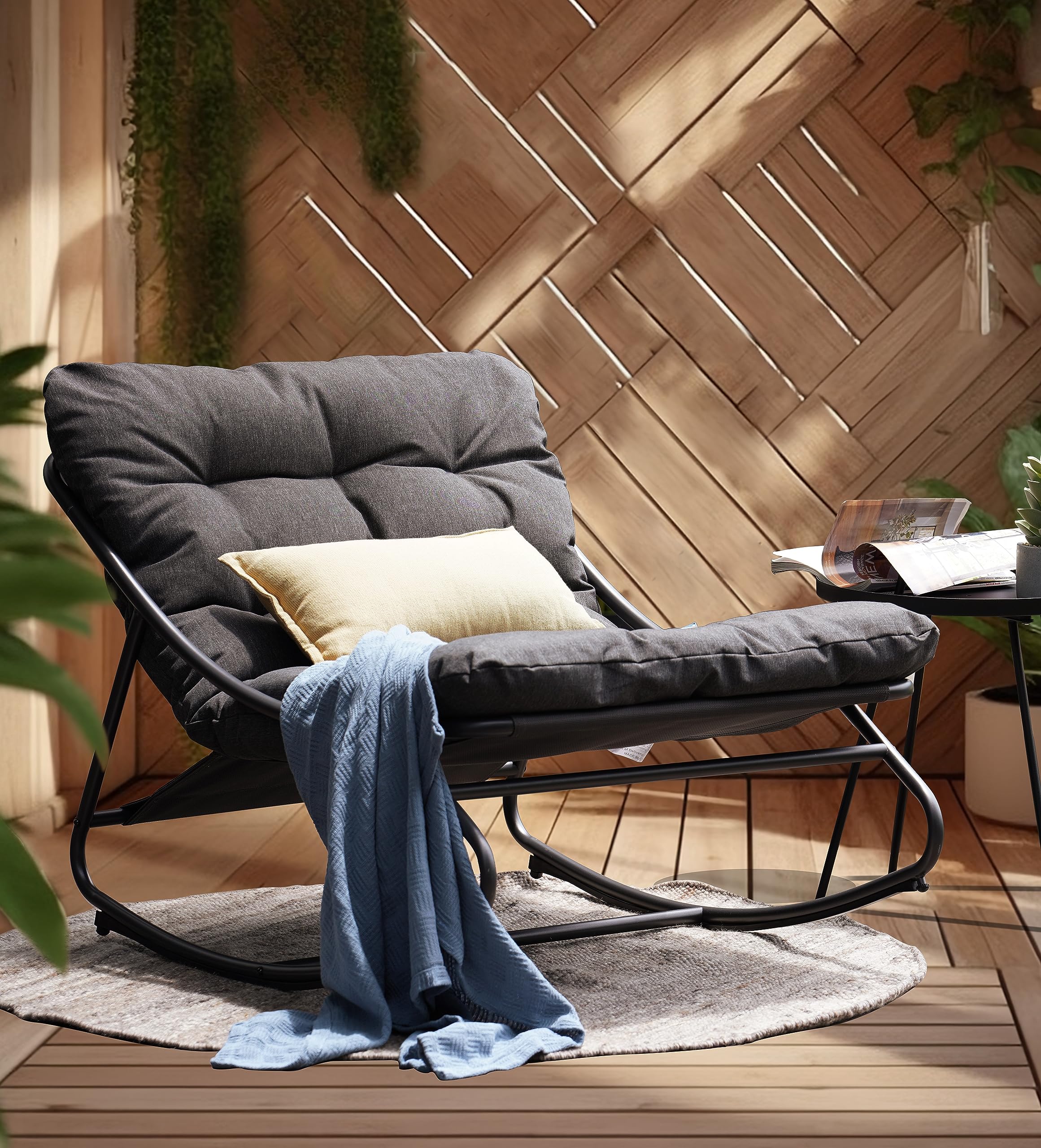 Grand Patio Rocking Chair Indoor And Outdoor, Metal Patio Lounge Rocking Chair With Thick Cushion, Comfy Modern Rocker For Living Room Porch Backyard