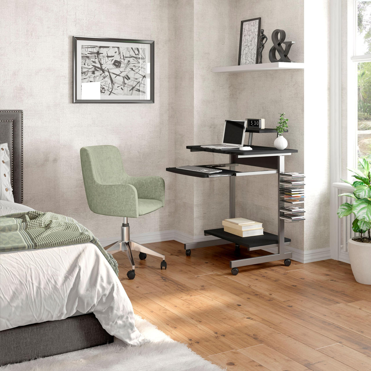 Rolling Mobile Computer Desk/Cart with Storage Shelves, Rolling Working Station for Small Spaces, Printer Shelf
