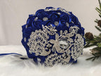 Abbie Home Sparkle Rhinestone Jewelry Bouquet - Satin Rose With Peacock Butterfly Brooches Bride Bridesmaids Wedding Flower (Roy