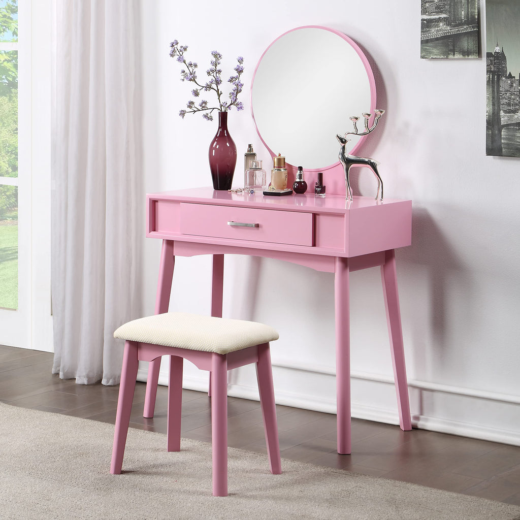 Maly Contemporary Wood Vanity And Stool Set, Pink