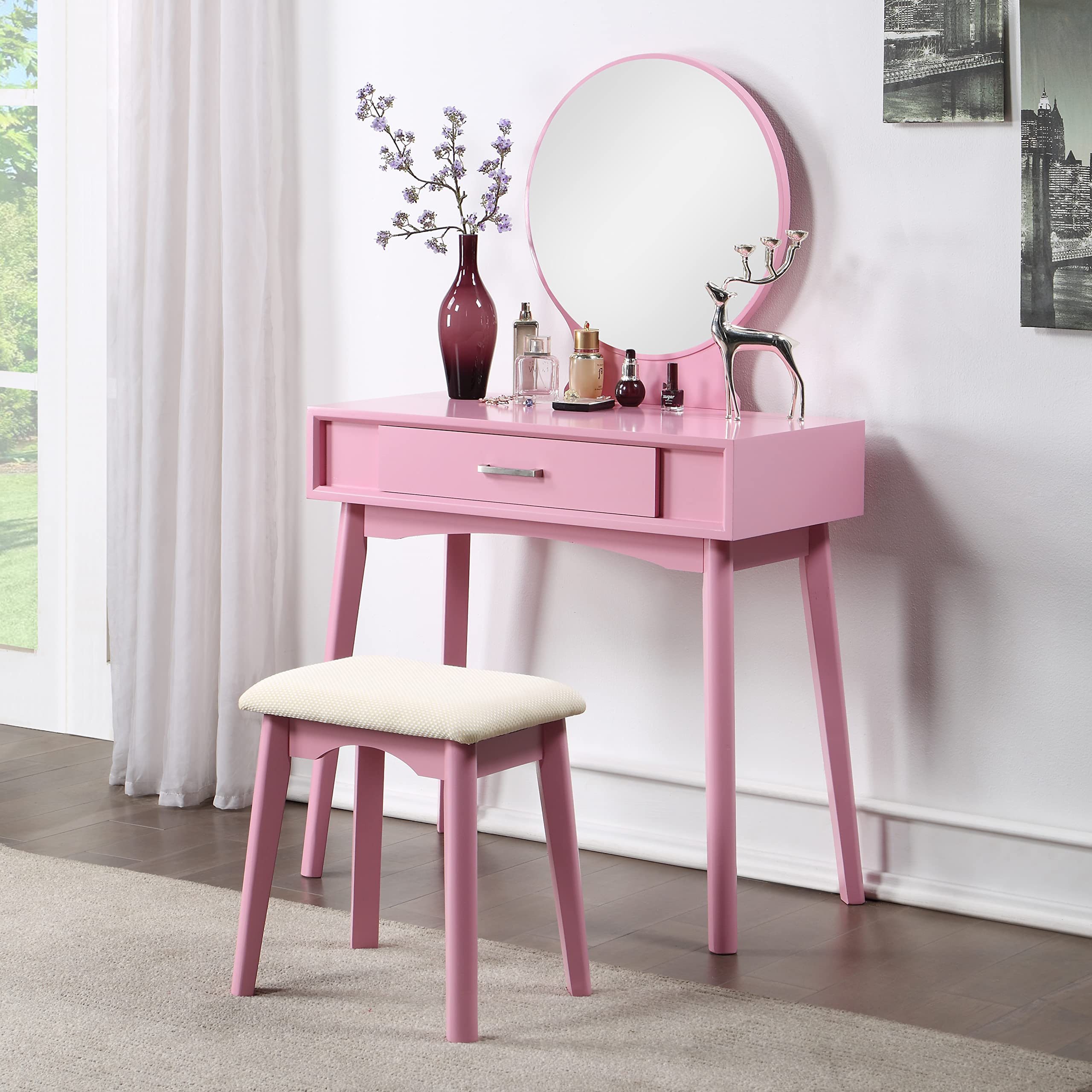 Maly Contemporary Wood Vanity And Stool Set, Pink