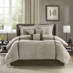 Madison Park Cozy Comforter Set Casual Blocks Design All Season, Matching Bed Skirt, Decorative Pillows, California King (104 In X 92 In), Dallas Taupe/Brown, 7 Piece