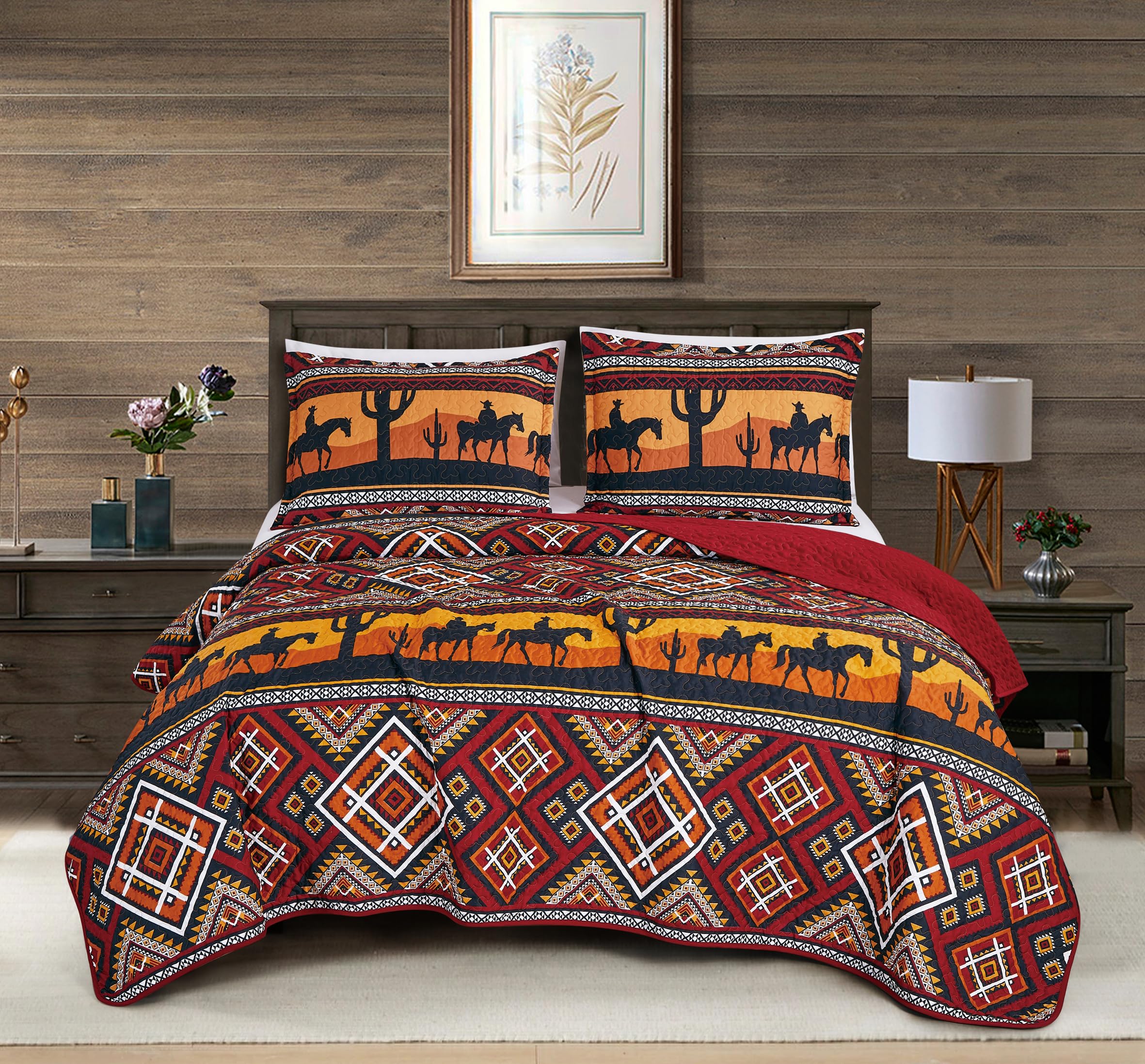 Chezmoi Collection Rodeo 3-Piece Southwestern Sunset Cowboys Quilt Set King - Multicolor Red Orange Black White Printed Microfib