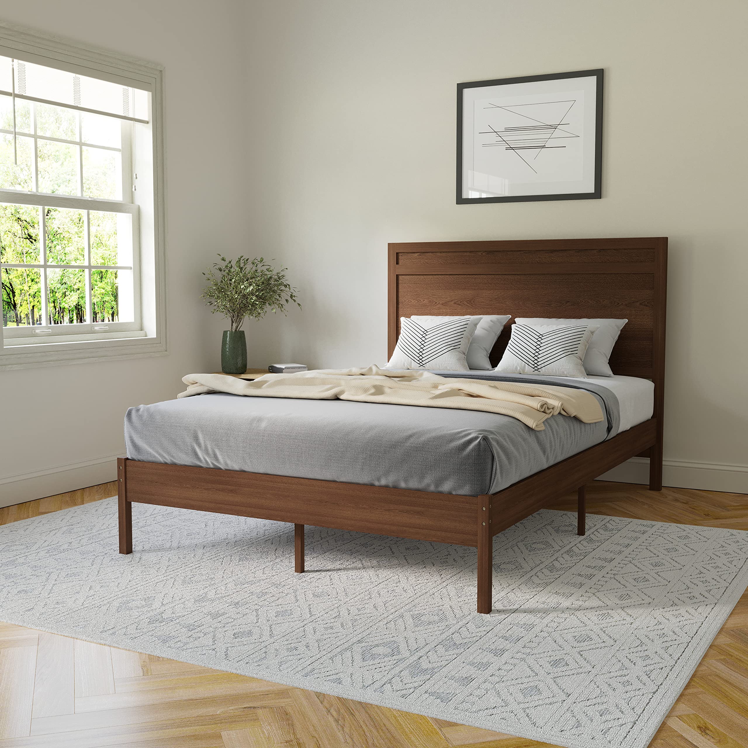 Modern Full Size Wooden Platform Bed with Headboard