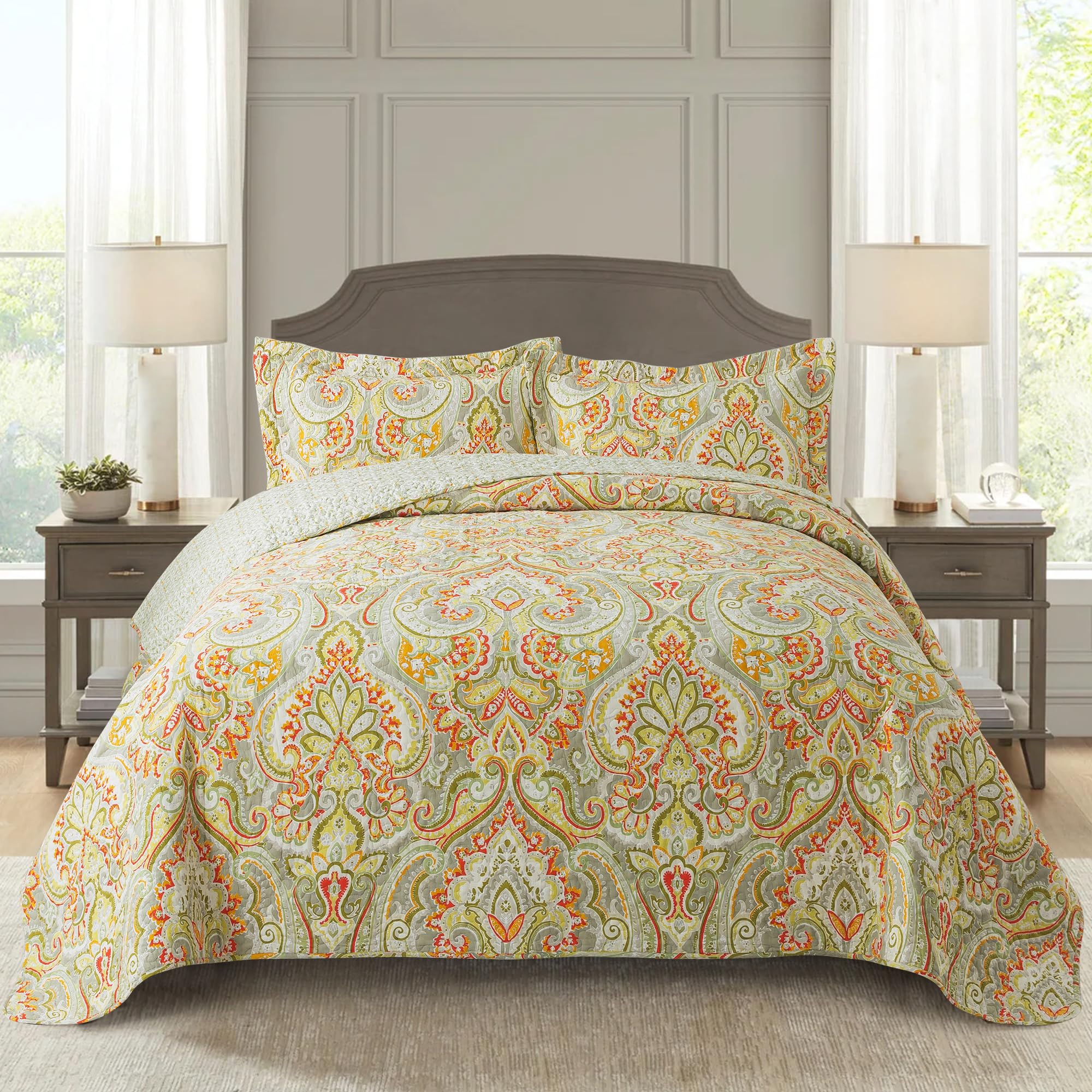 Newlake Cotton Bedspread Quilt Sets-Reversible Patchwork Coverlet Set, European Beige Floral Pattern, King Size