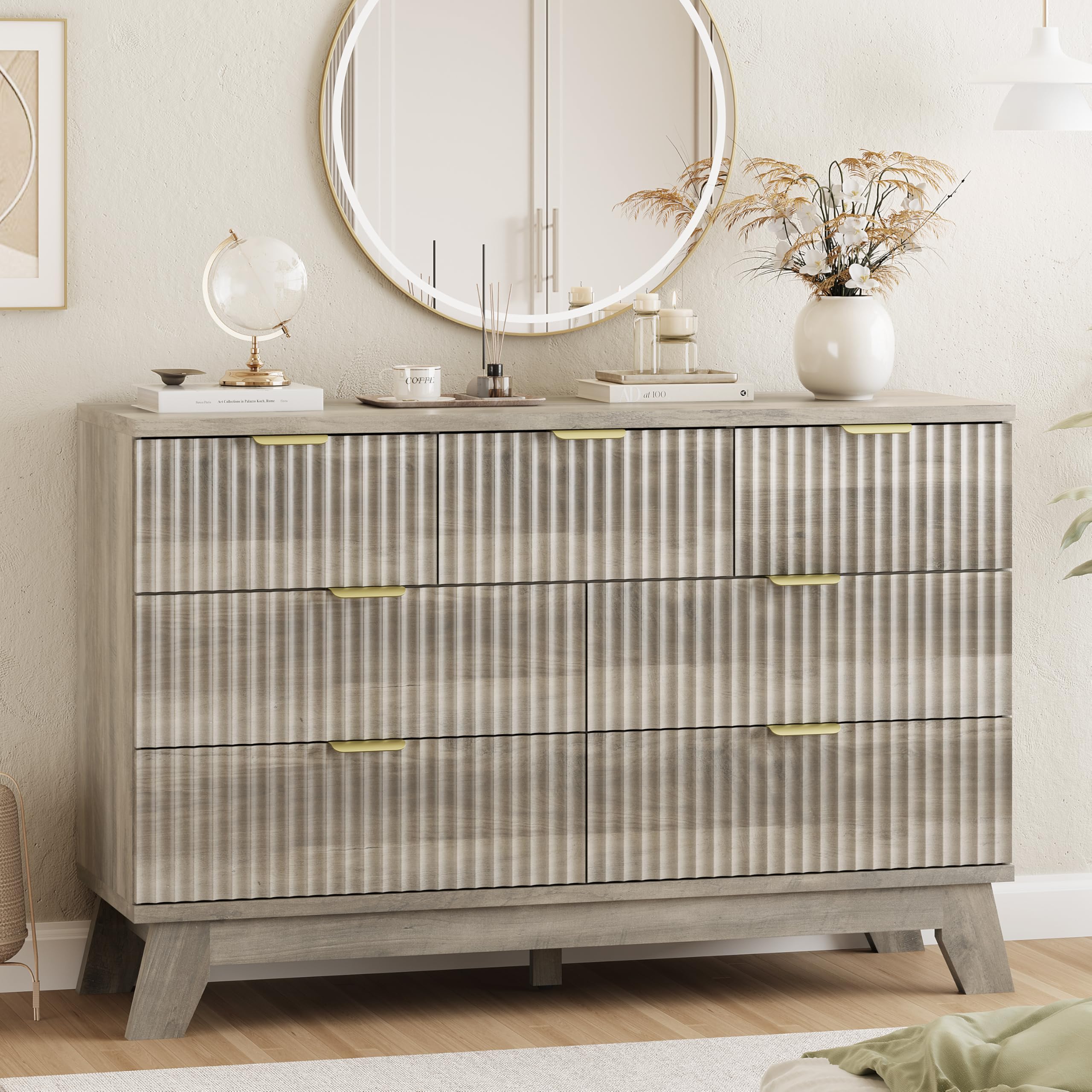 Xixini Fluted Dresser for Bedroom with 7 Drawers, 48 Wide Modern Chest of Drawers with Metal Handle, Wood Dresser TV Stand, Wood