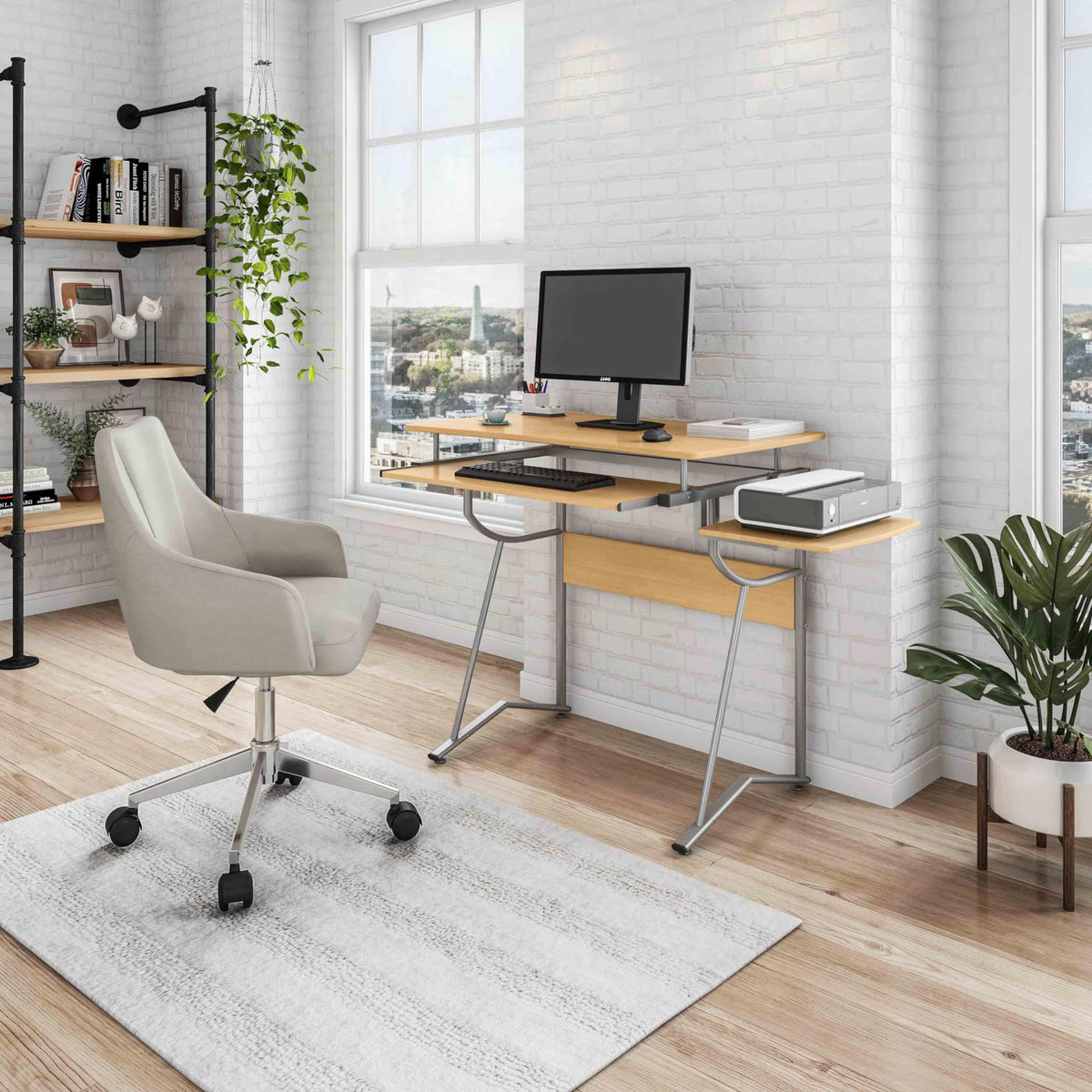 Techni Mobili Compact Computer Desk With Side Shelf And Keyboard Panel, Cherry, 43" x 19.5" x 30"