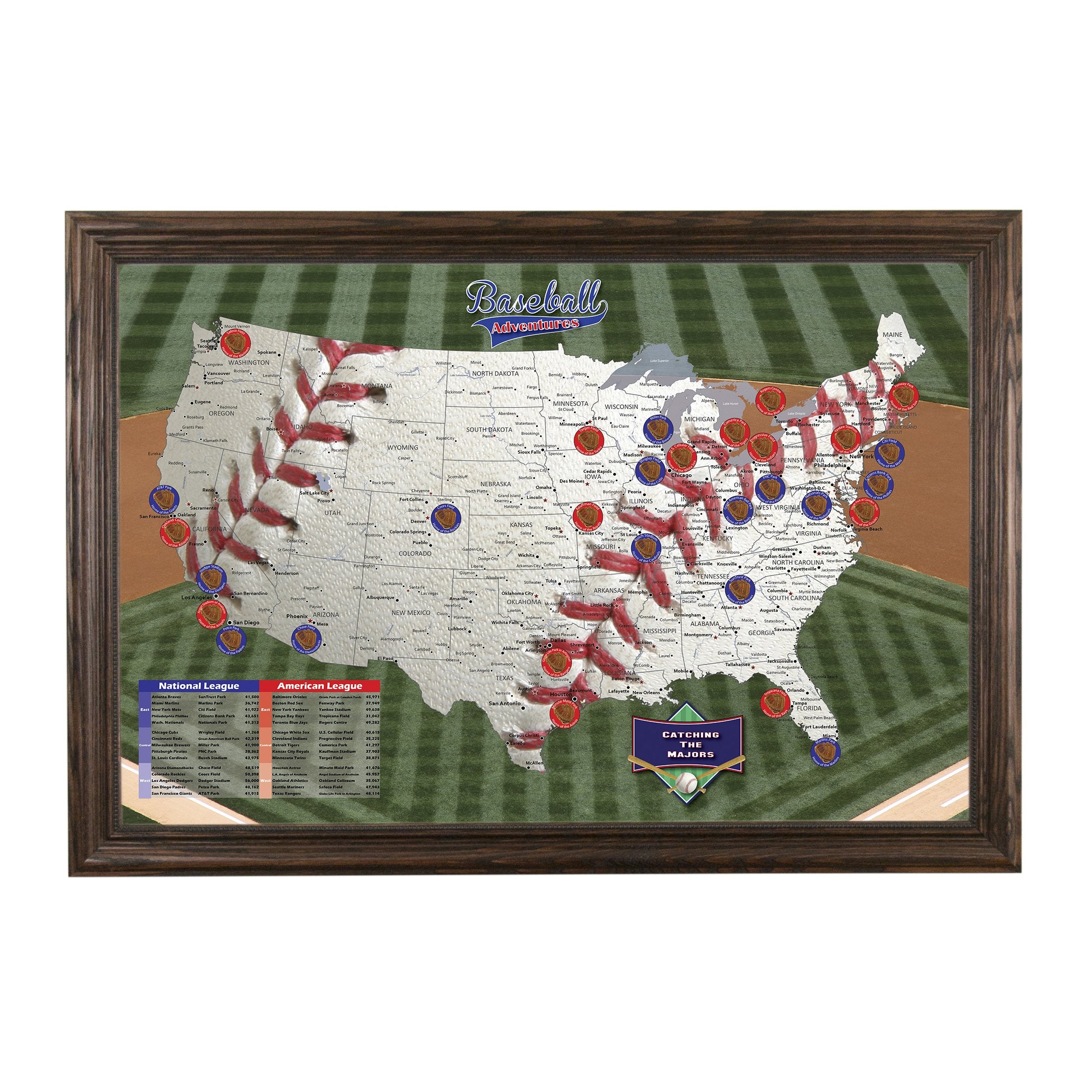 Push Pin Travel Maps Customizable Wall Art - Baseball Adventures - Solid Wood Brown - Framed Pin Map, Includes 150 Pins - Handcr