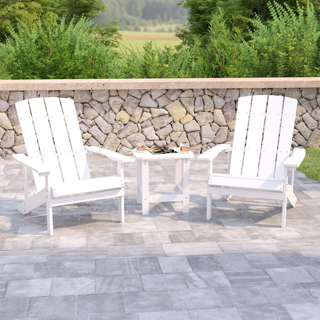 Flash Furniture Charlestown Commercial 2 Chair and Side Table Adirondack Set - White Poly Resin - Weather Resistant
