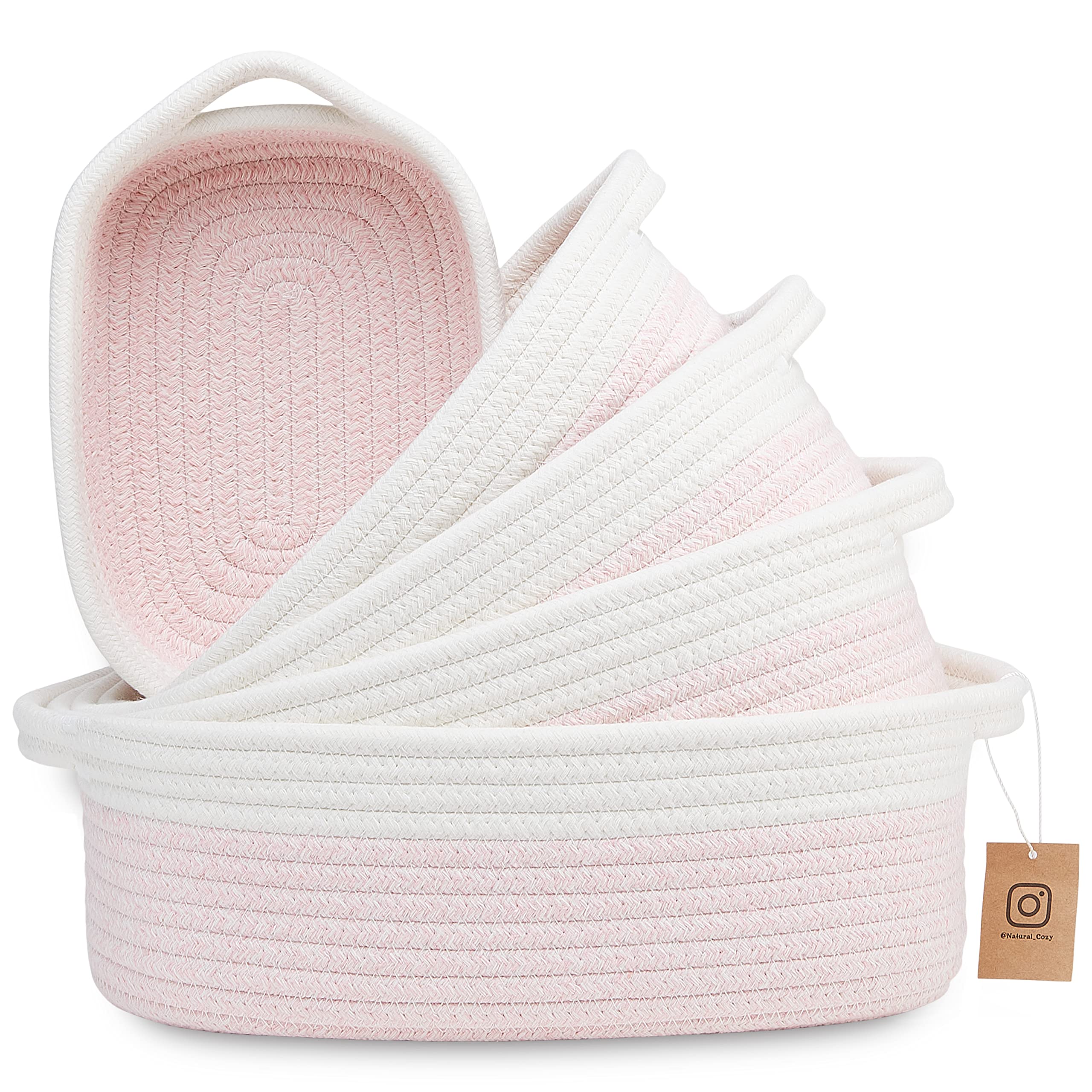 NaturalCozy 5-Piece Rectangle Storage Basket Set- Natural Cotton Rope Woven Baskets for Organizing! Small Basket for Montessori,