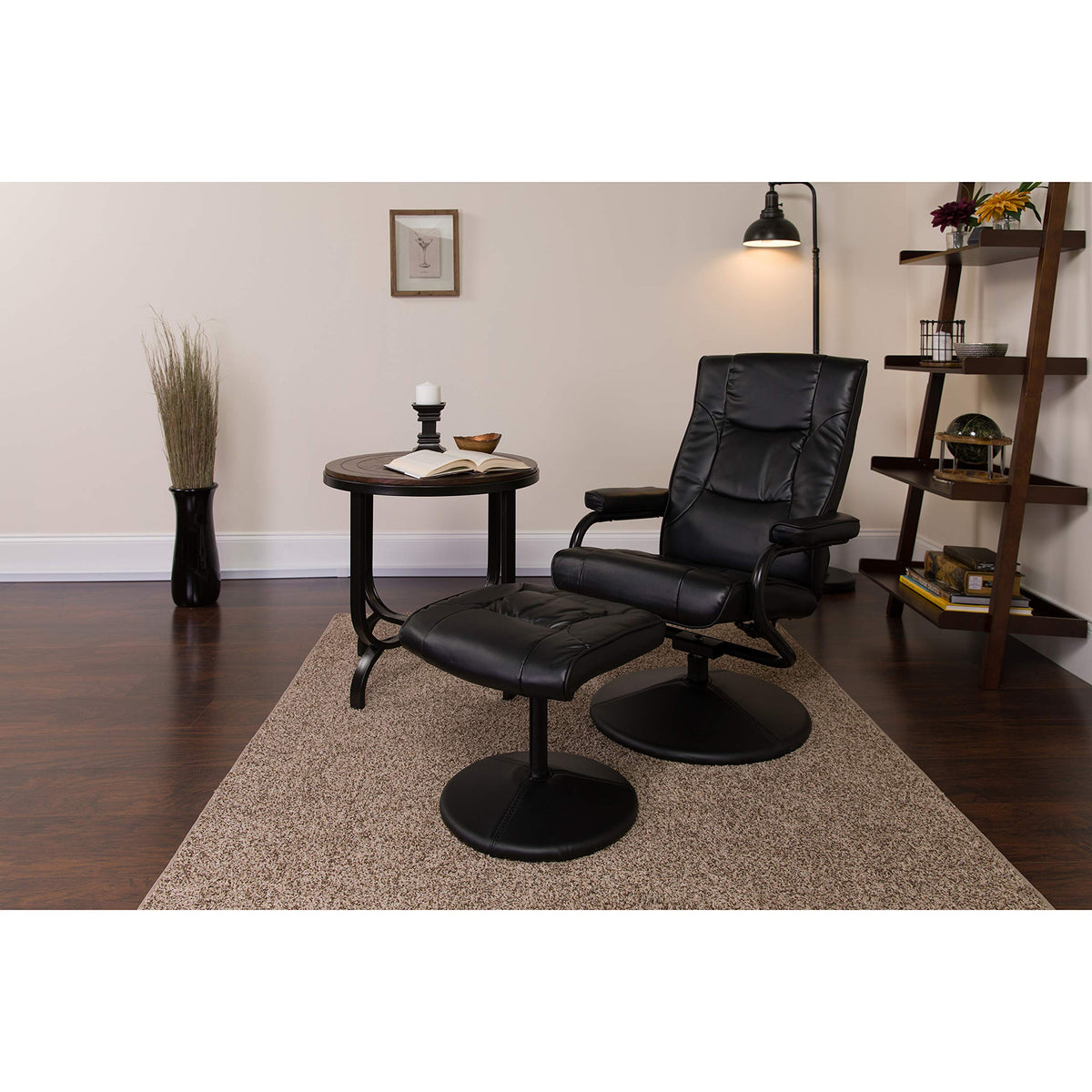 Flash Furniture Rachel Contemporary Multi-Position LeatherSoft Recliner Chair with Ottoman, 360-Degree Swivel Recliner Chair and Ottoman Set, Black