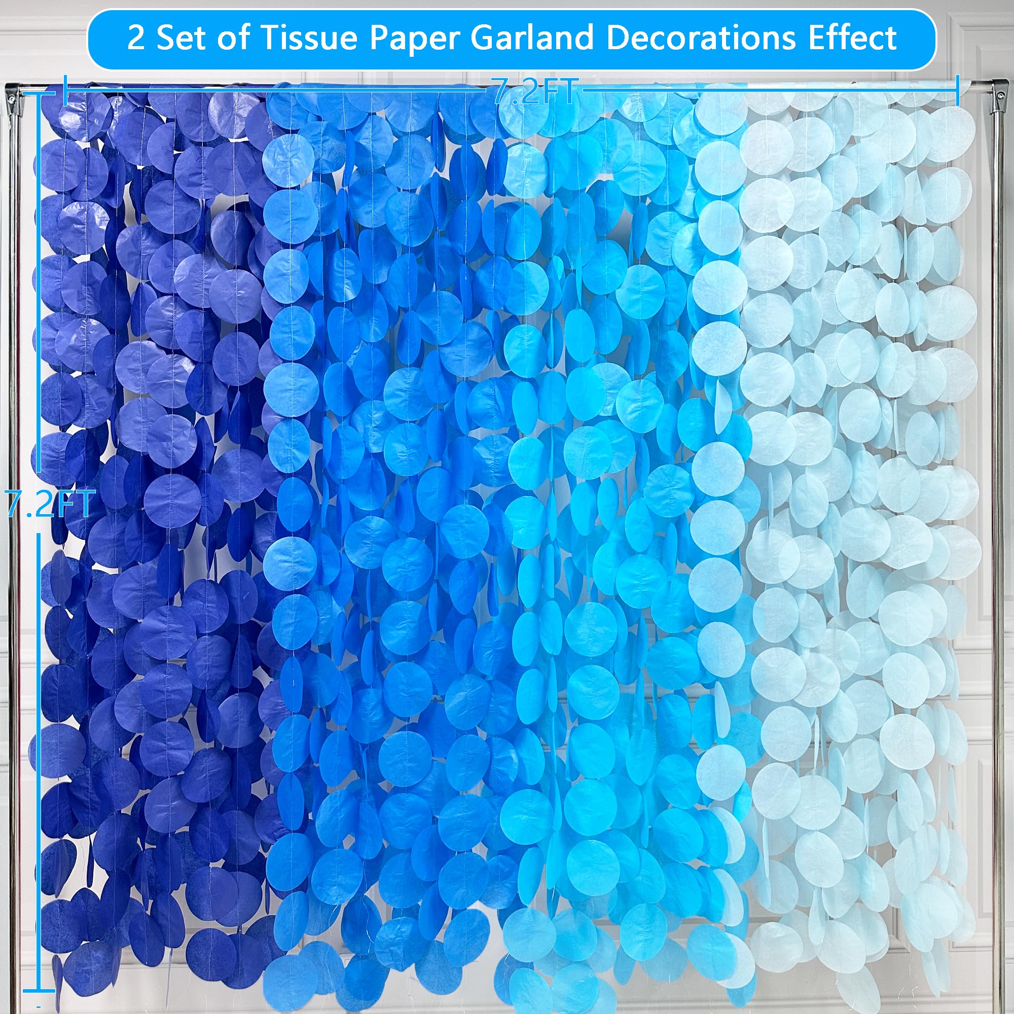 pinkblume Ombre Blue Circle Dot Party Streamer Garland - 205 Ft Tissue Paper Hanging Backdrop for Birthdays, Weddings, Under the Sea