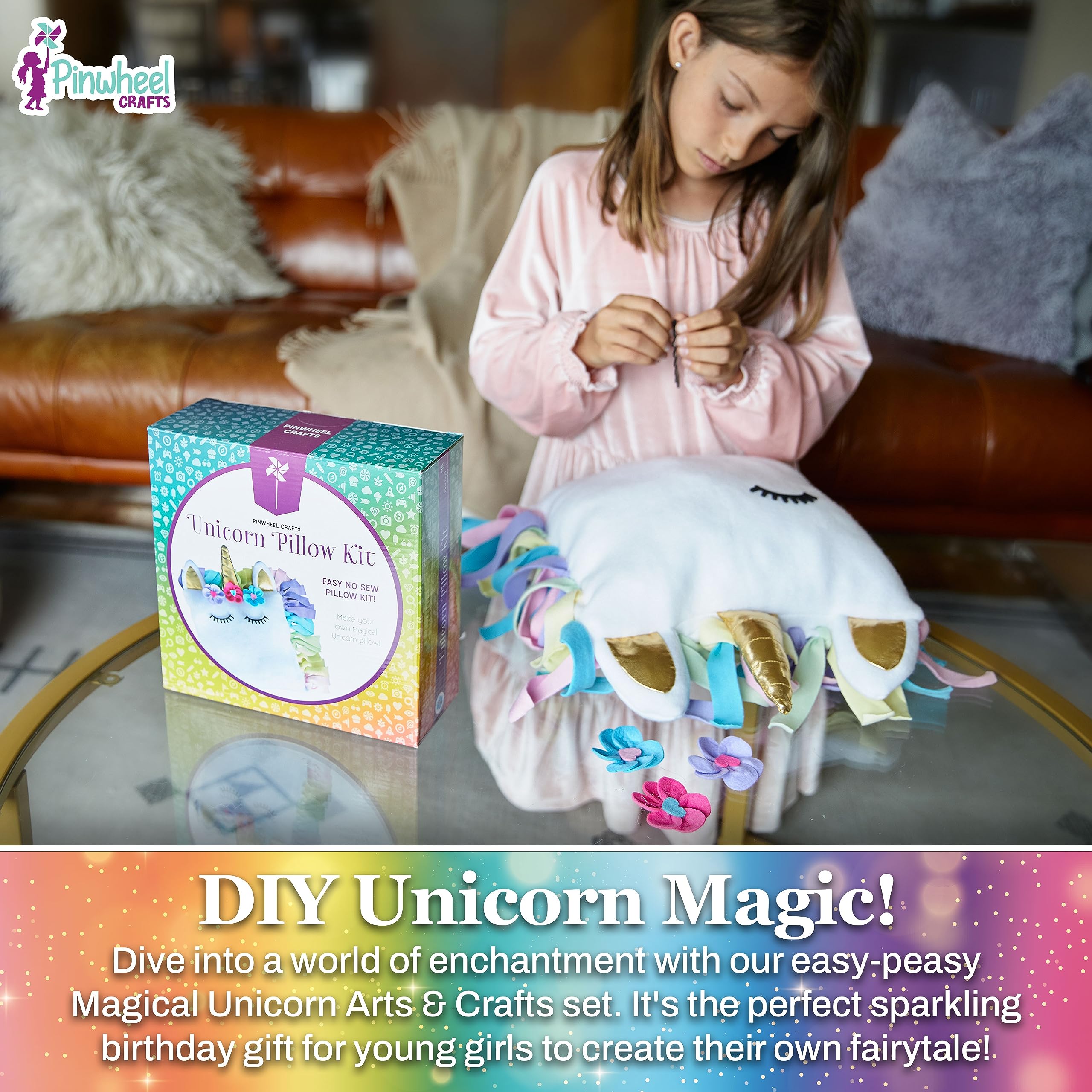 Pinwheel Crafts Unicorn Pillow Kit - DIY No Sewing Craft for Kids, Pink, Model PW0008b, Ages 6-12, Perfect Gift for Girls