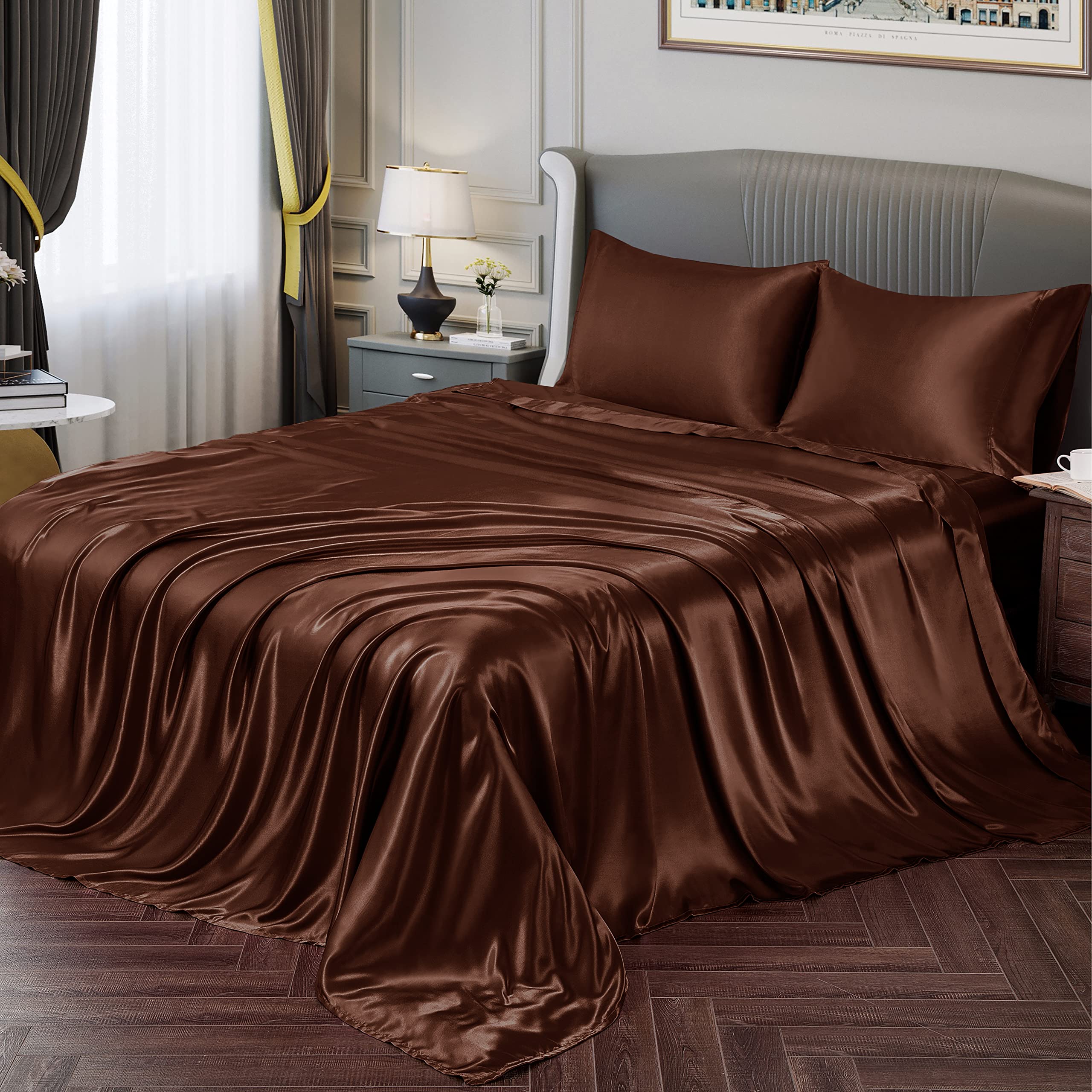 Vonty Satin Sheets Queen Silky Soft Satin Bed Sheets Brown Satin Sheet Set, 1 Deep Pocket Fitted Sheet + 1 Flat Sheet + 2 Pillow