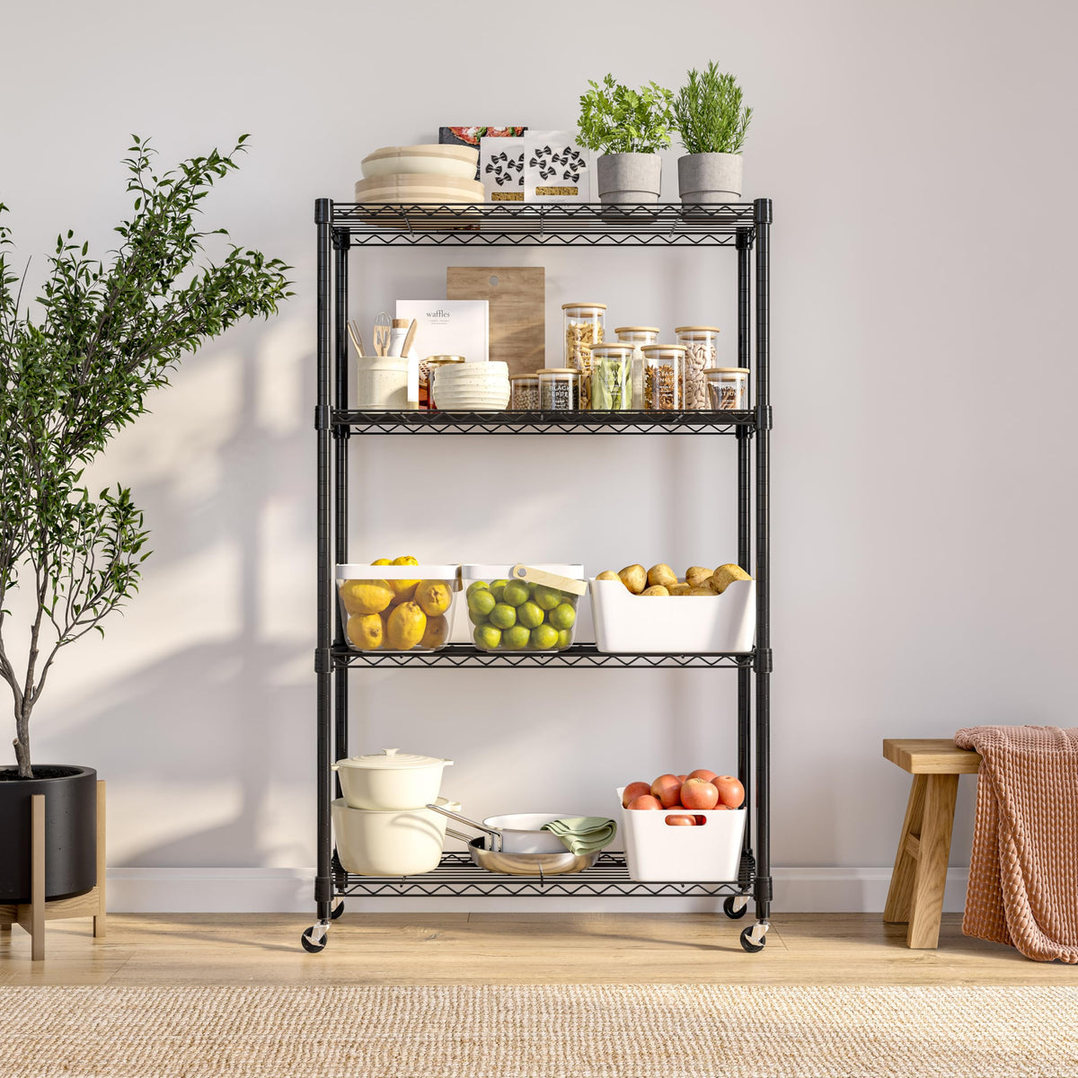 Seville Classics Solid Steel Wire Shelving Storage Unit Adjustable Shelves Organizer Rack, For Home, Kitchen, Office, Garage, Bedroom, Closet, Black, 4-Tier, 36' W X 14' D