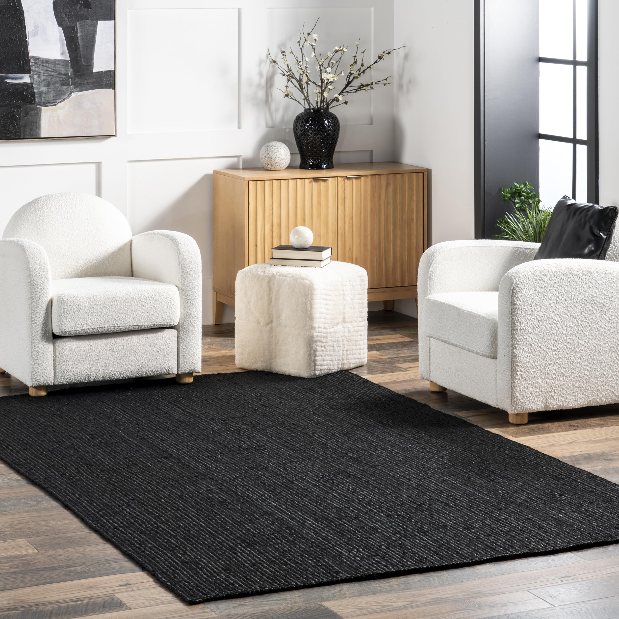 nuLOOM 2x3 Rigo Jute Hand Woven Area Rug, Black, Solid Farmhouse Design, Natural Fiber, For Bedroom, Living Room, Dining Room, H