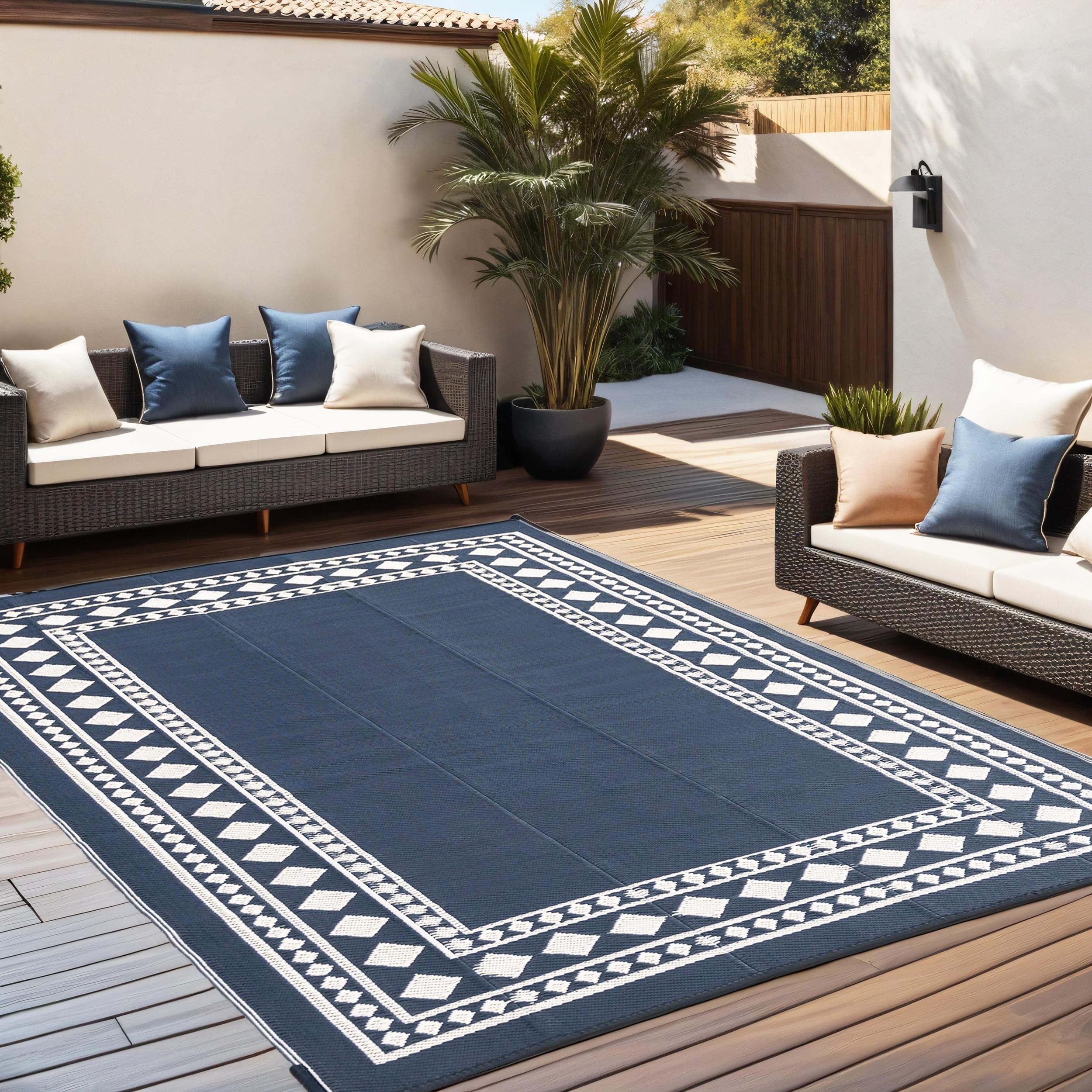 Rurality Outdoor Rugs 6X9 Waterproof For Patios Clearance,Plastic Straw Mats For Backyard,Porch,Deck,Balcony,Black And Beige